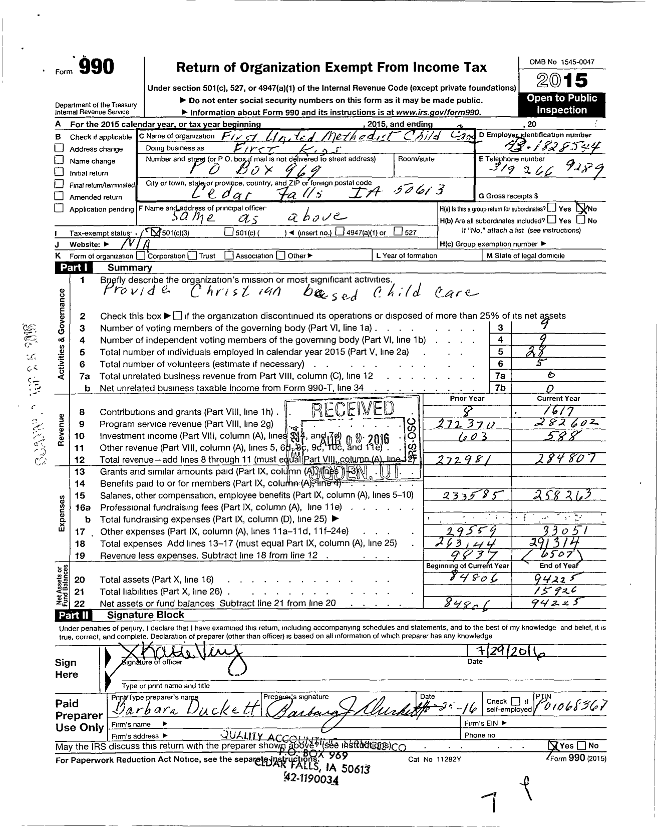 Image of first page of 2015 Form 990 for First United Methodist Child Care First Kids