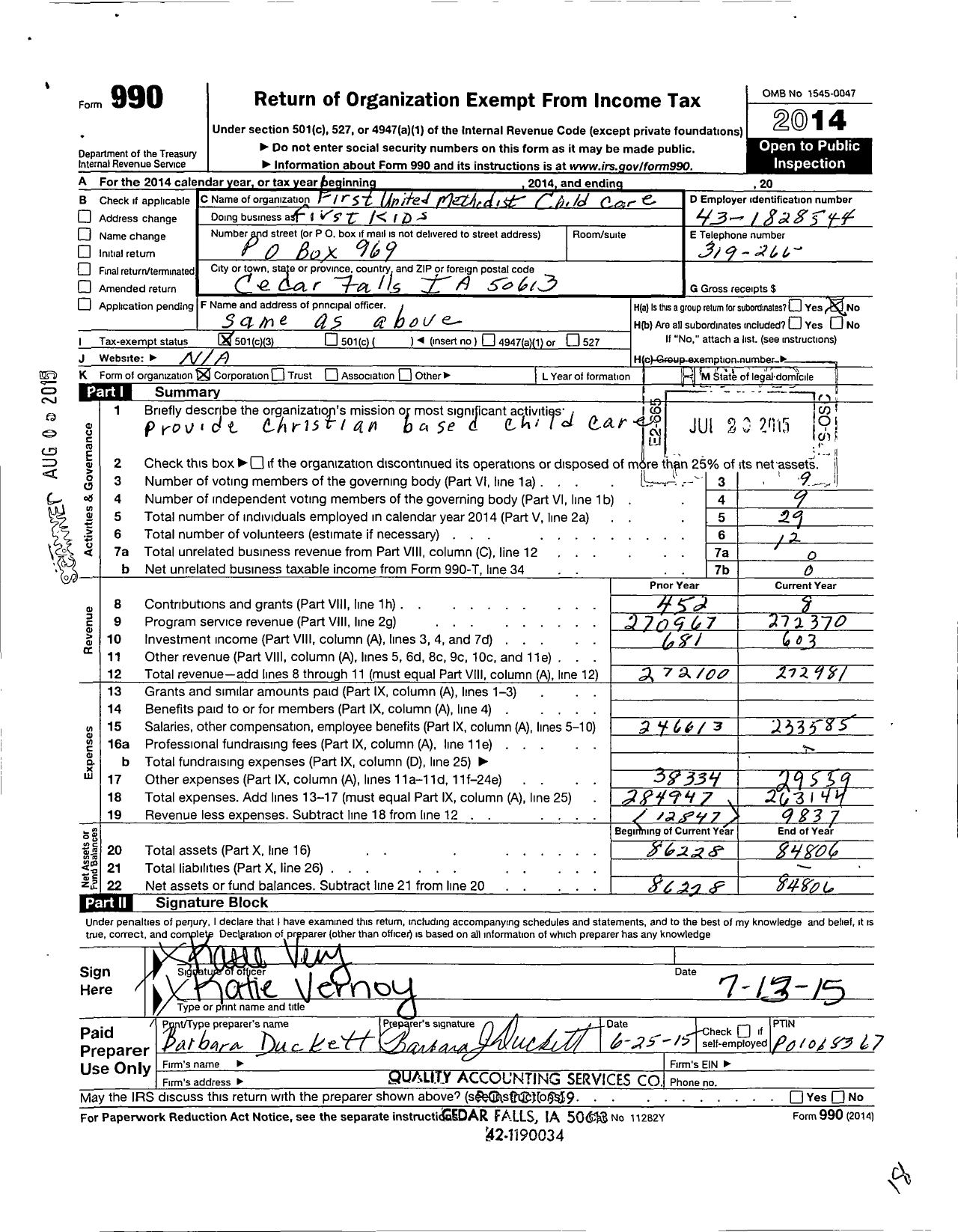 Image of first page of 2014 Form 990 for First United Methodist Child Care First Kids