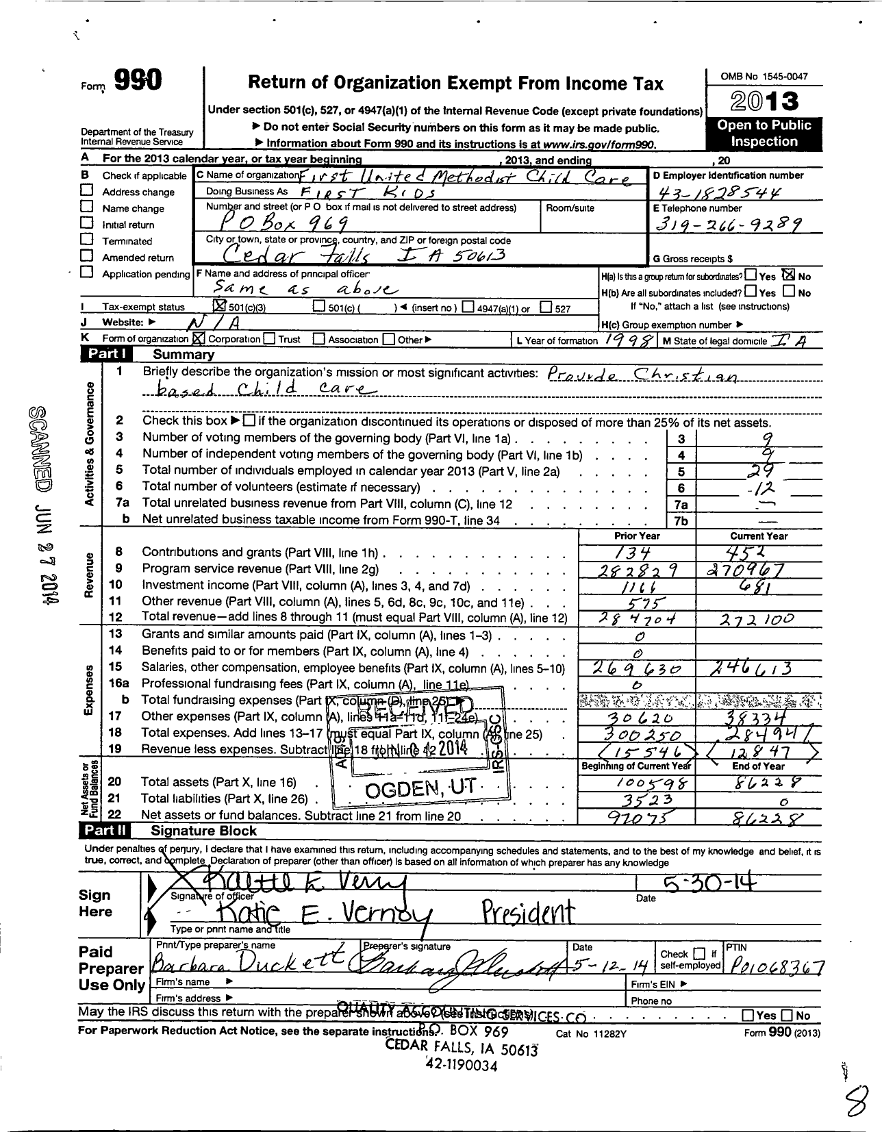 Image of first page of 2013 Form 990 for First United Methodist Child Care First Kids