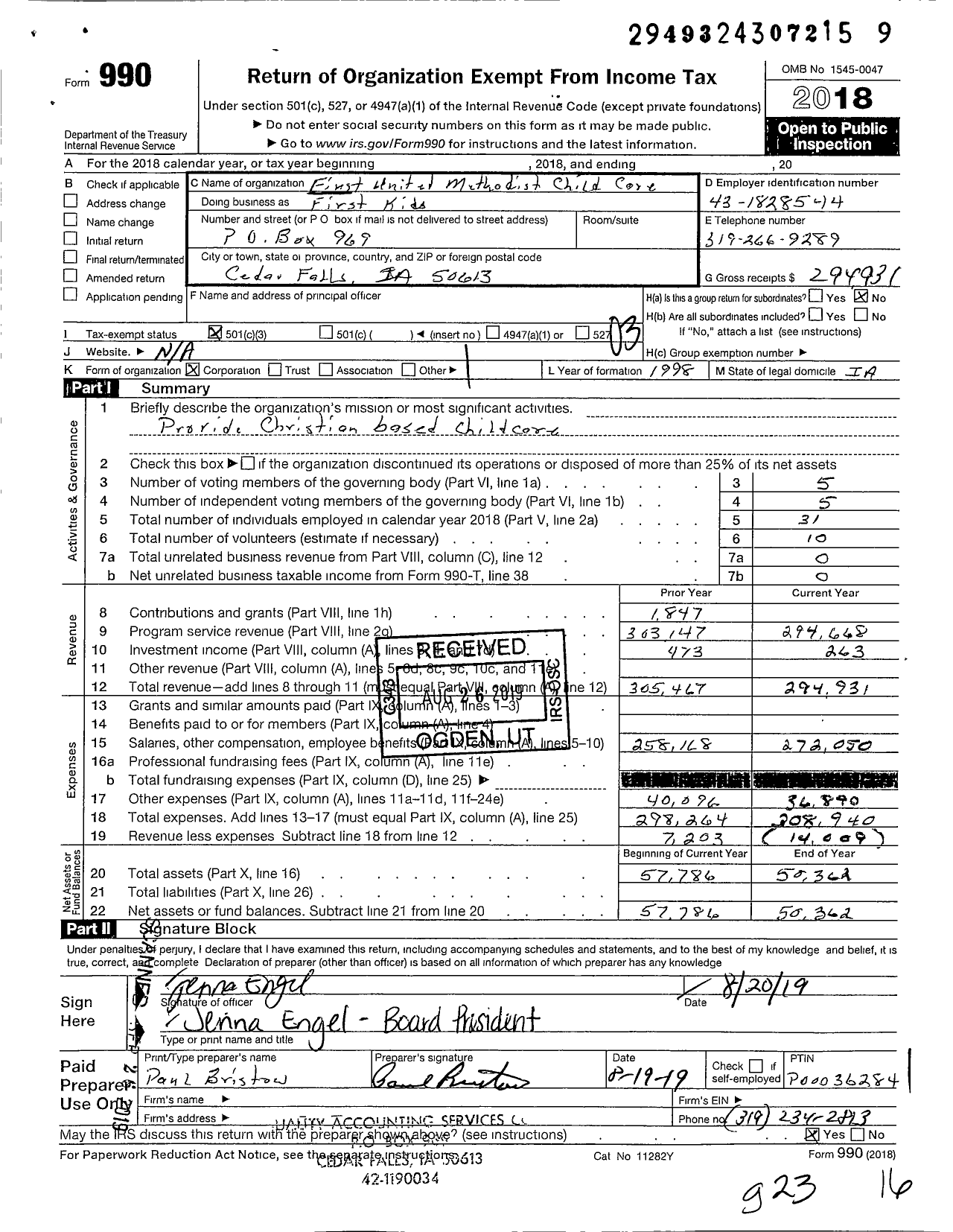 Image of first page of 2018 Form 990 for First United Methodist Child Care First Kids