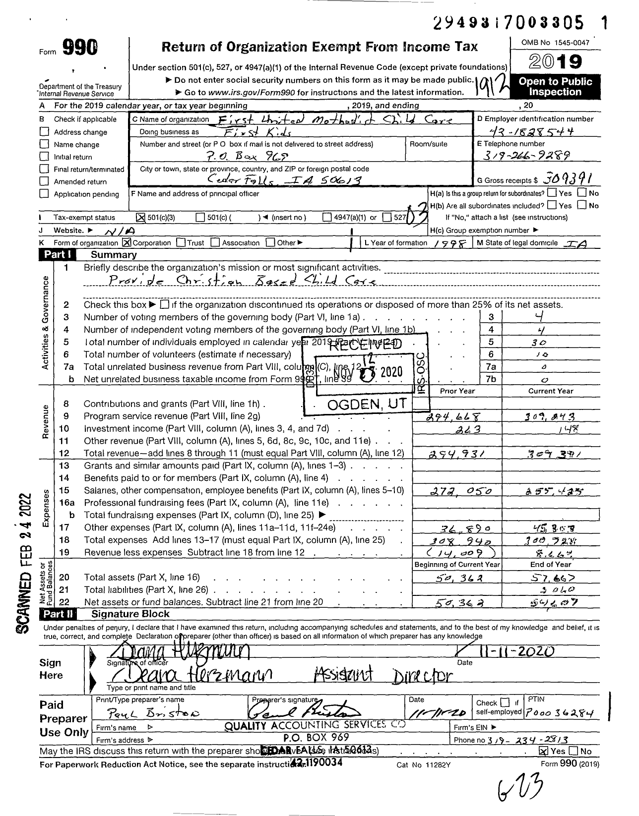 Image of first page of 2019 Form 990 for First United Methodist Child Care First Kids