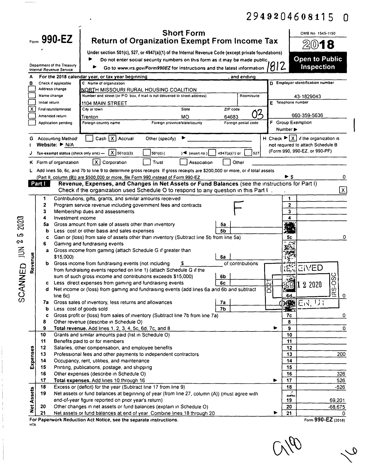 Image of first page of 2018 Form 990EZ for North Missouri Rural Housing Coalition