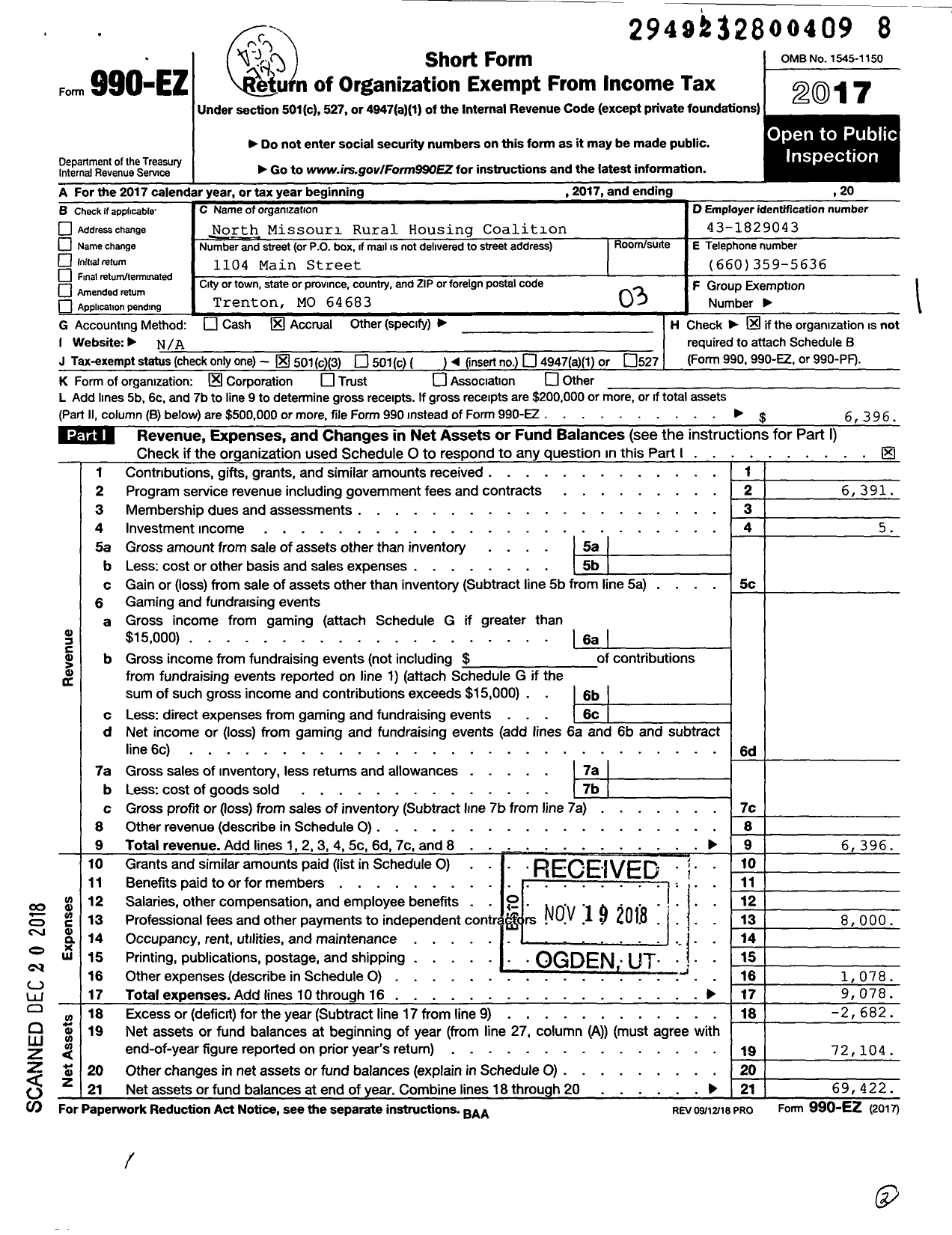 Image of first page of 2017 Form 990EZ for North Missouri Rural Housing Coalition