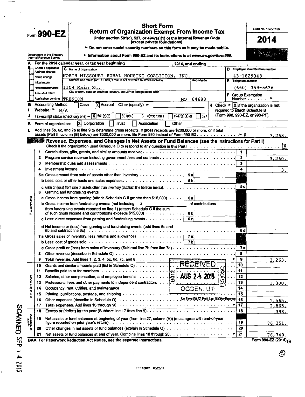 Image of first page of 2014 Form 990EZ for North Missouri Rural Housing Coalition