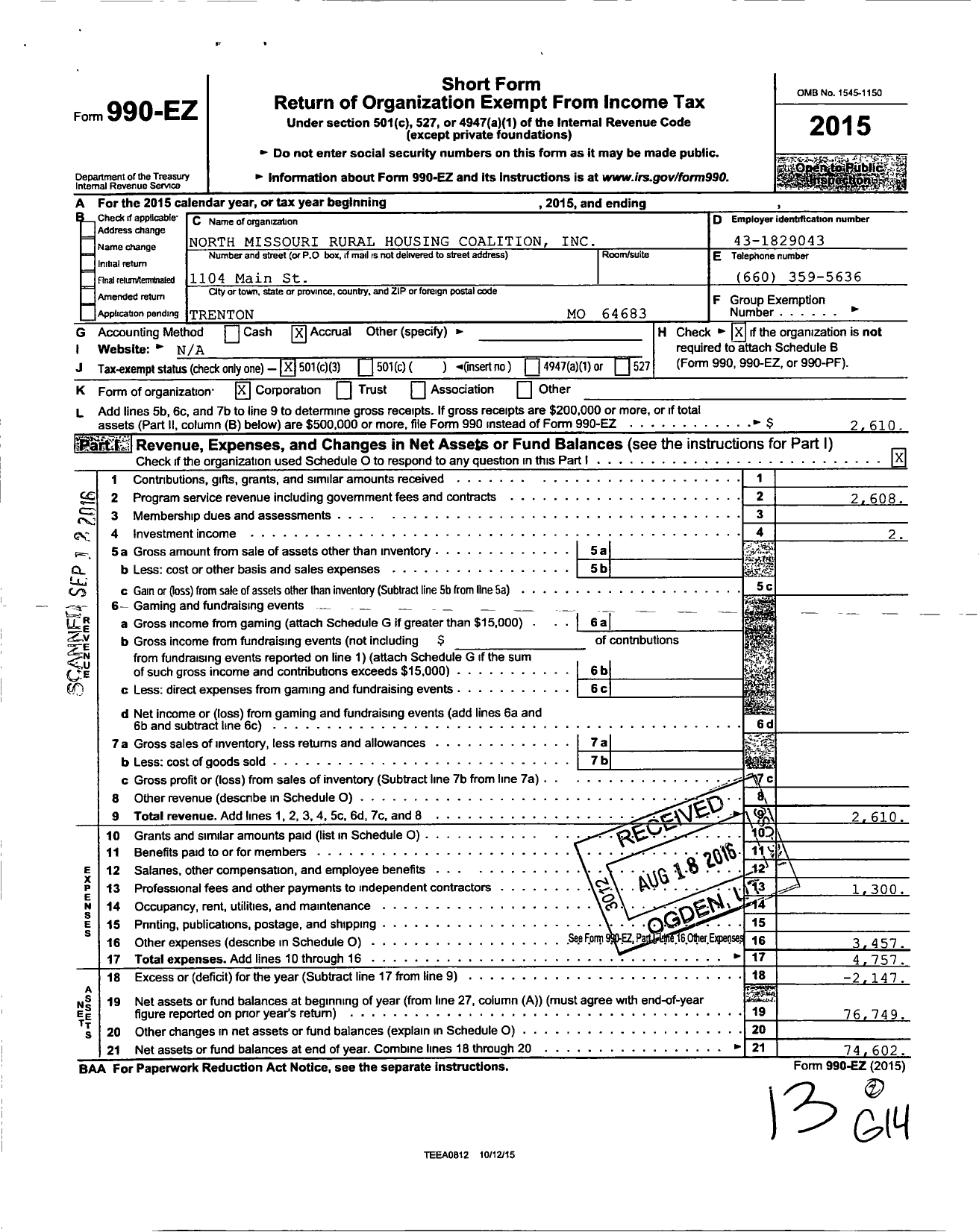 Image of first page of 2015 Form 990EZ for North Missouri Rural Housing Coalition