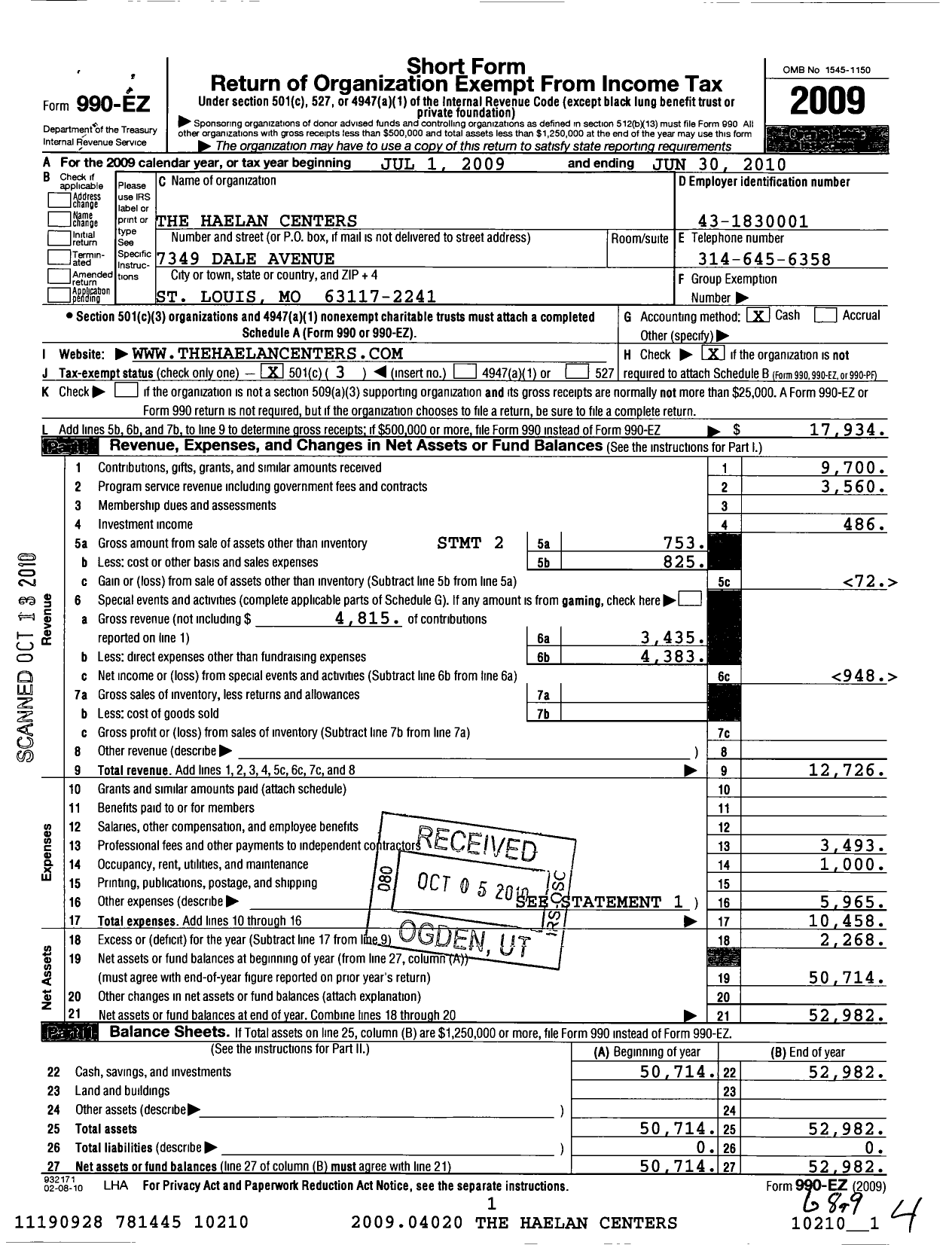 Image of first page of 2009 Form 990EZ for Haelan Centers