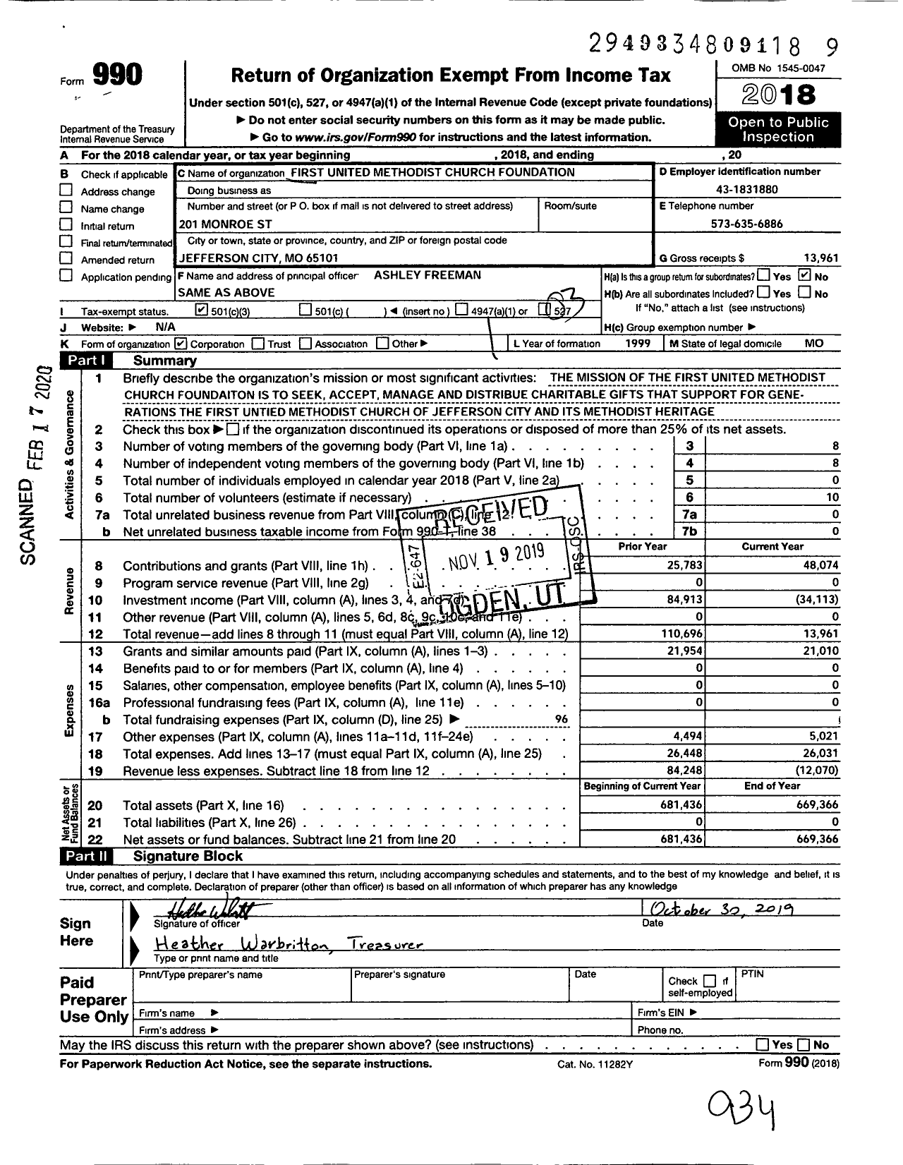 Image of first page of 2018 Form 990 for First United Methodist Church Foundation