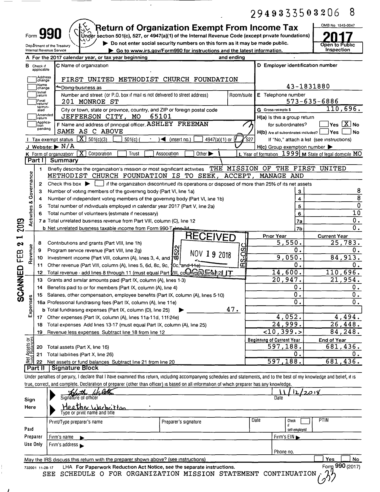 Image of first page of 2017 Form 990 for First United Methodist Church Foundation