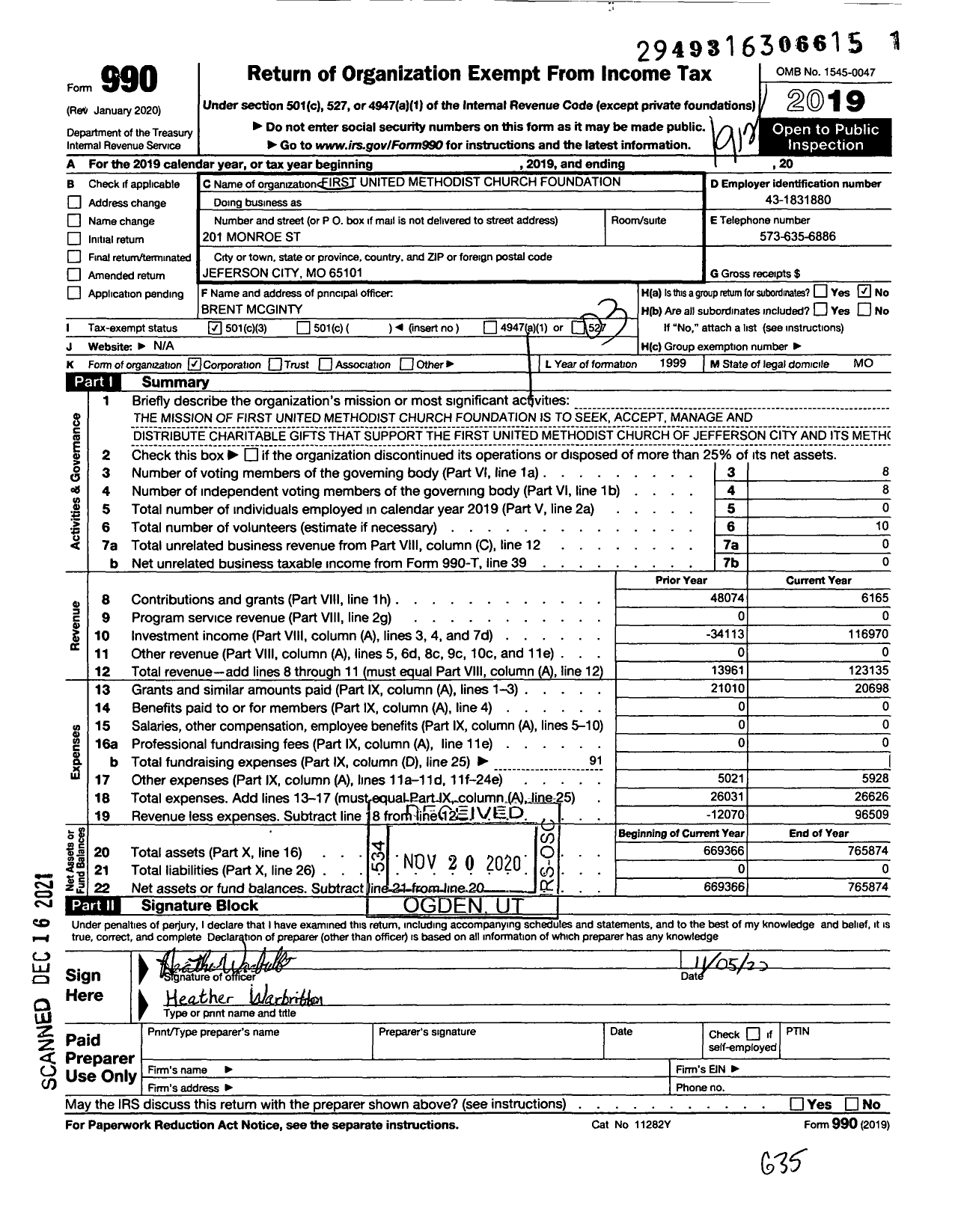 Image of first page of 2019 Form 990 for First United Methodist Church Foundation