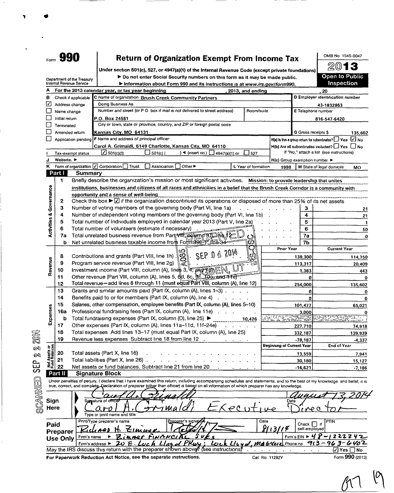 Image of first page of 2013 Form 990 for Brush Creek Community Partners