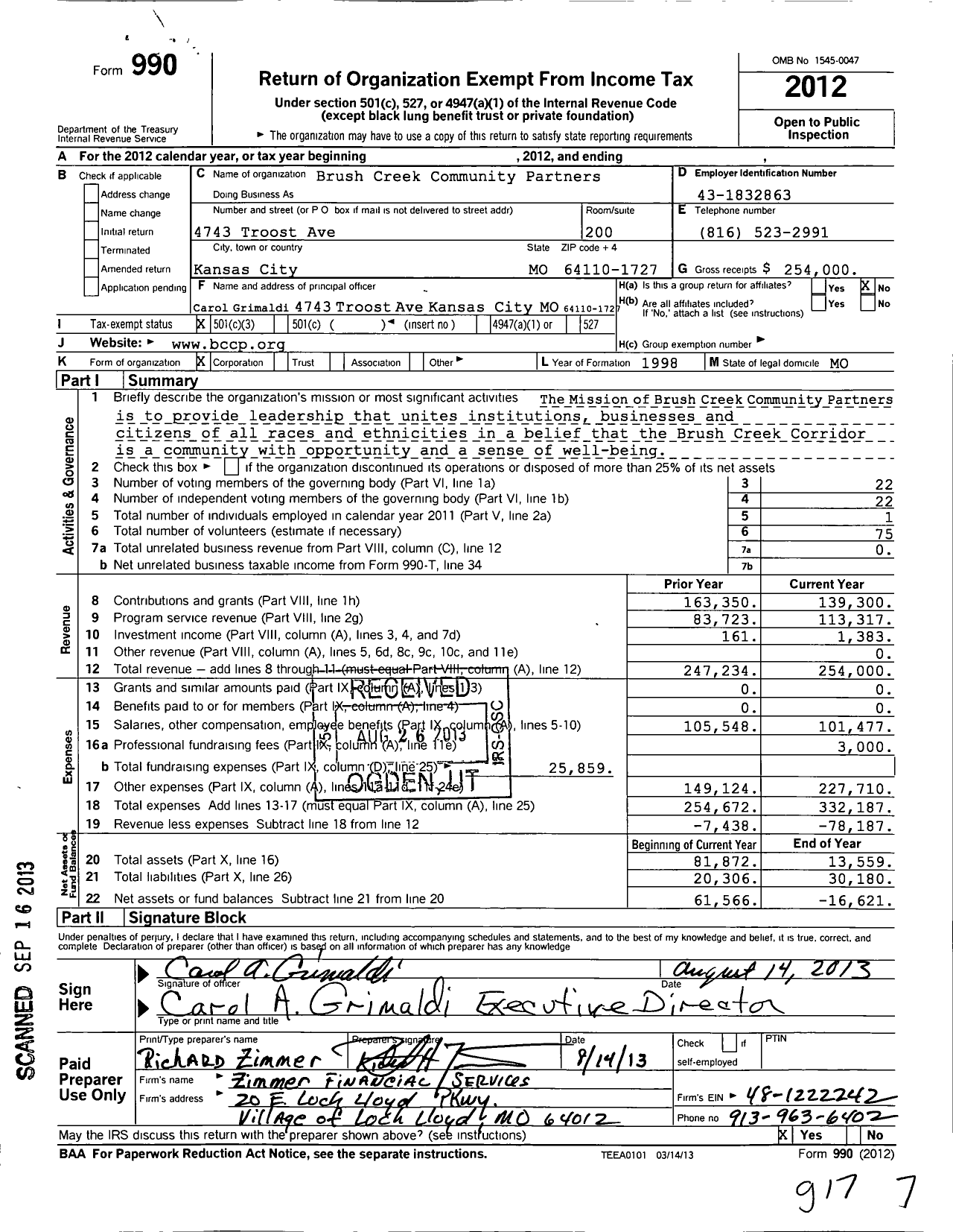 Image of first page of 2012 Form 990 for Brush Creek Community Partners