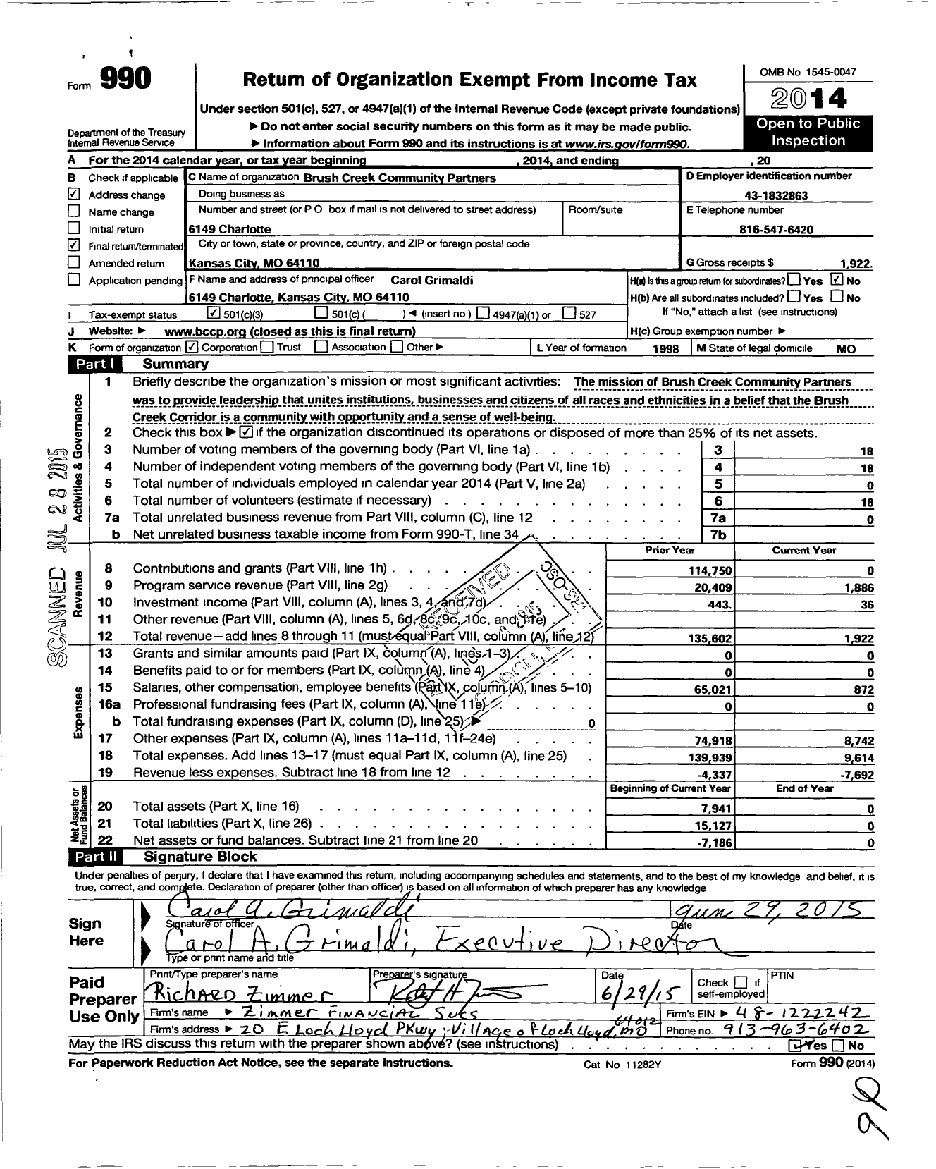 Image of first page of 2014 Form 990 for Brush Creek Community Partners