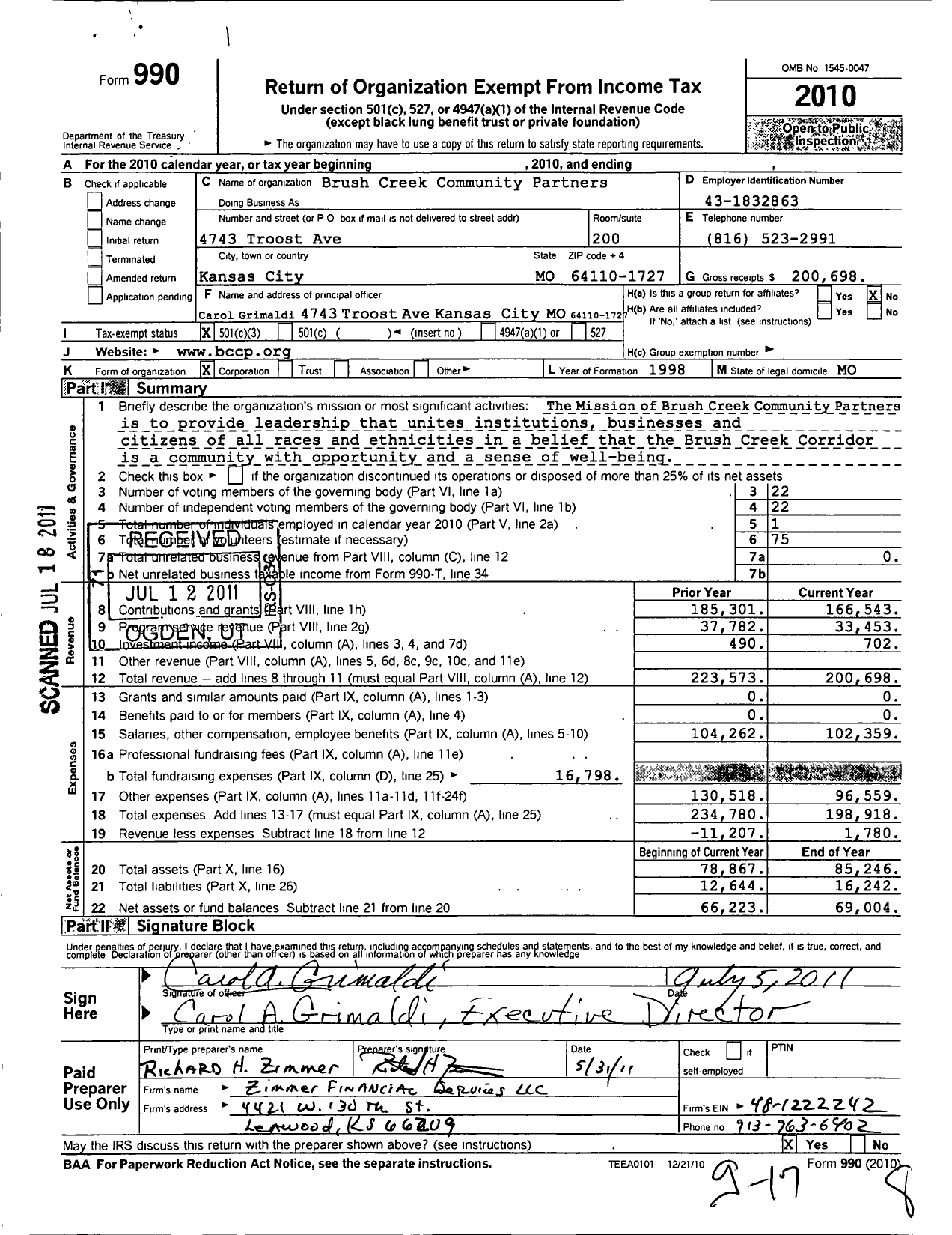 Image of first page of 2010 Form 990 for Brush Creek Community Partners