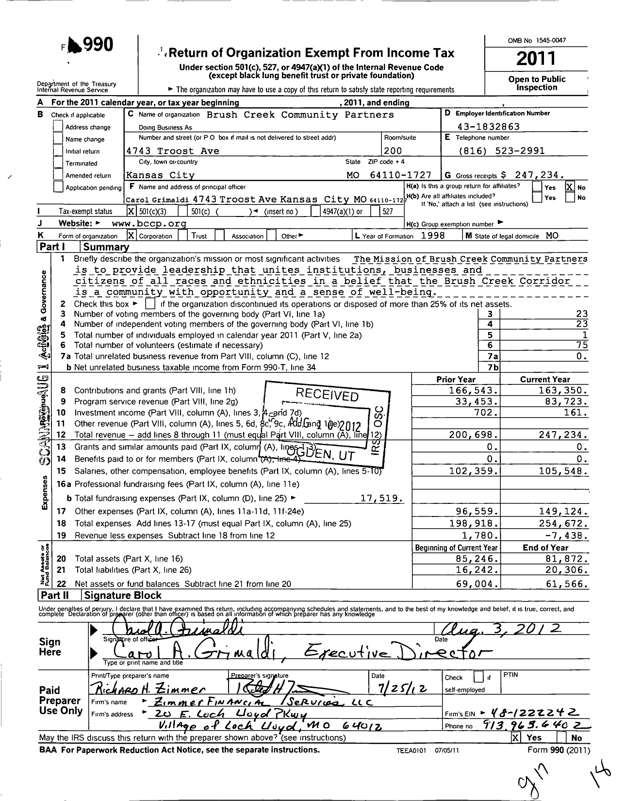 Image of first page of 2011 Form 990 for Brush Creek Community Partners