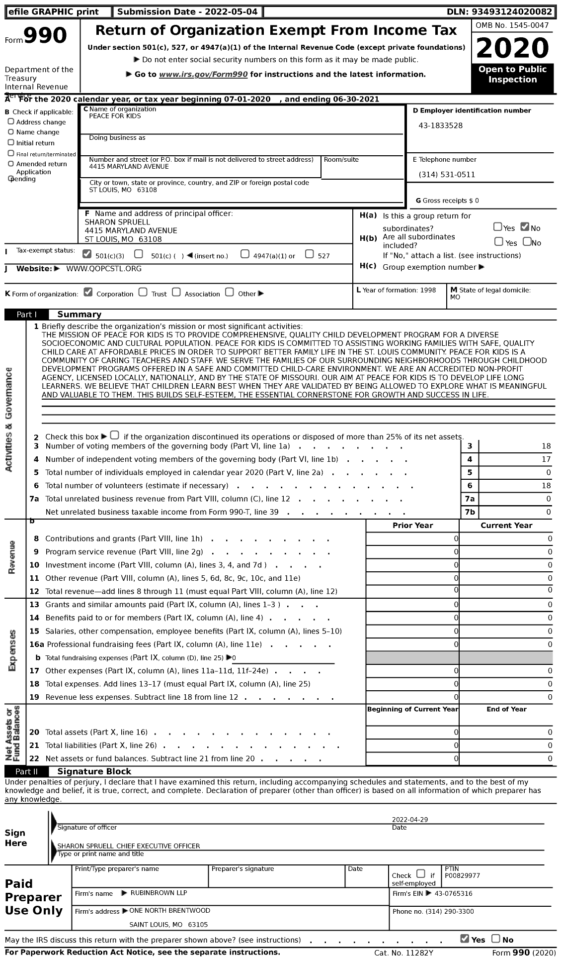 Image of first page of 2020 Form 990 for Peace for Kids