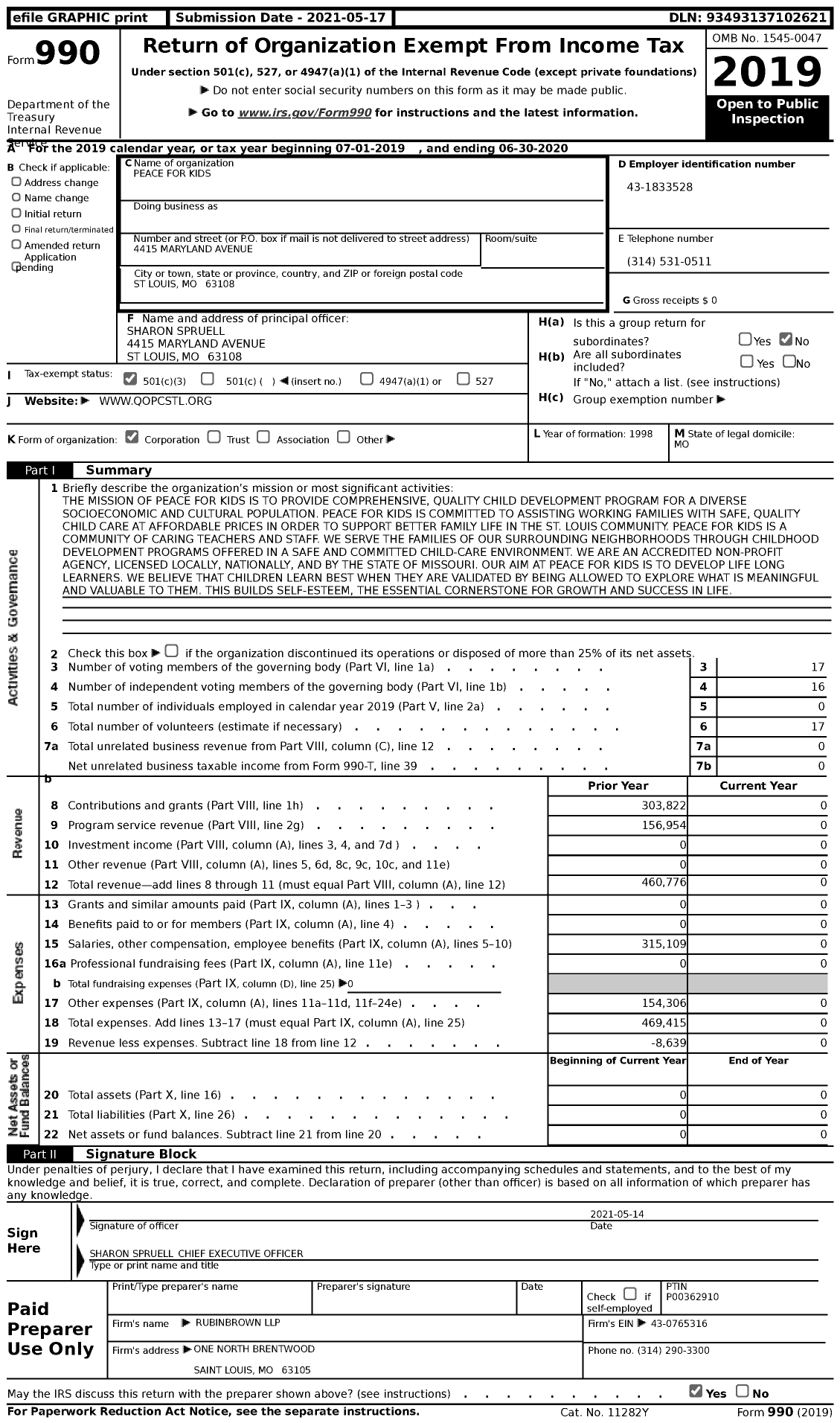 Image of first page of 2019 Form 990 for Peace for Kids