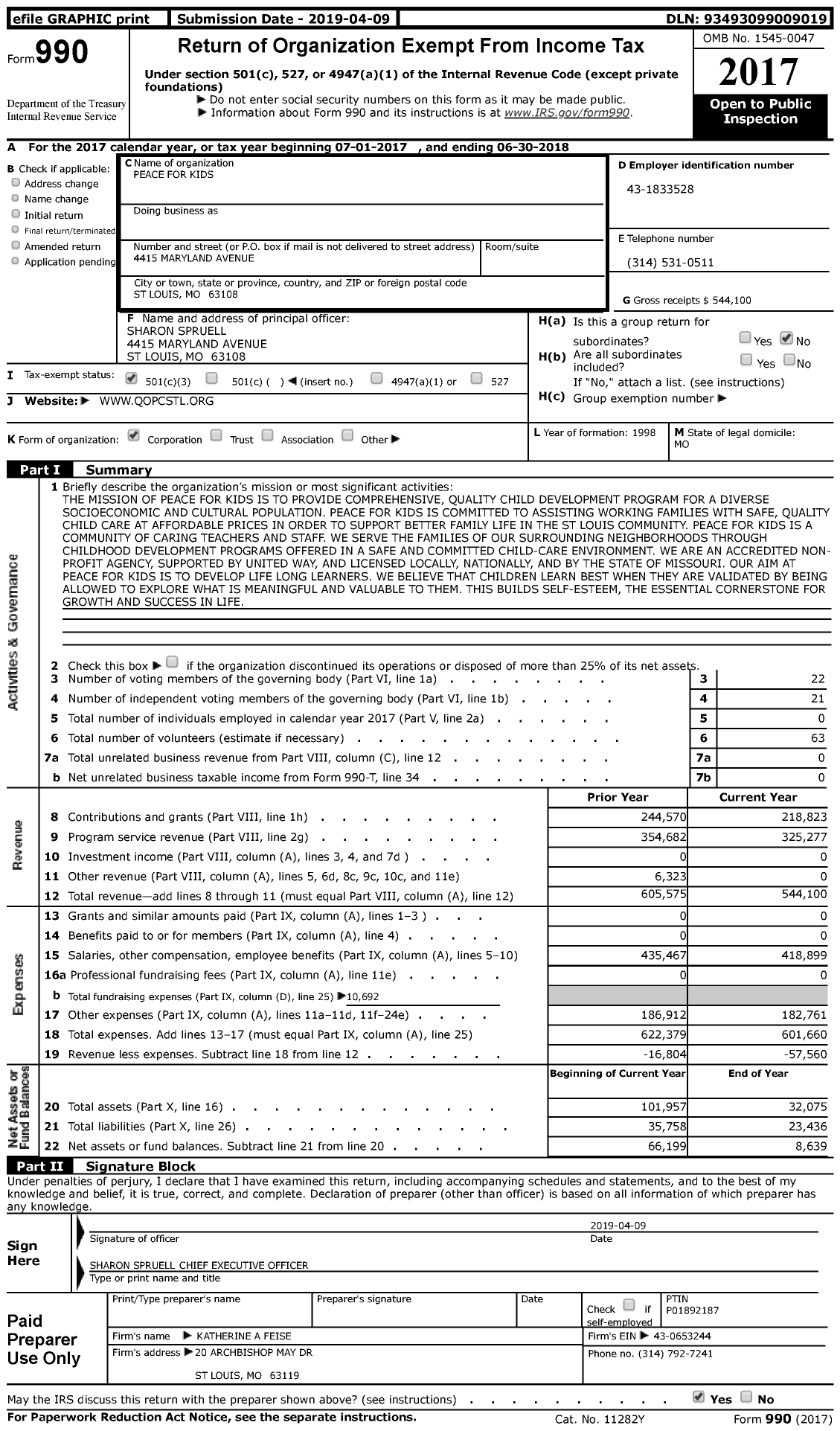 Image of first page of 2017 Form 990 for Peace for Kids