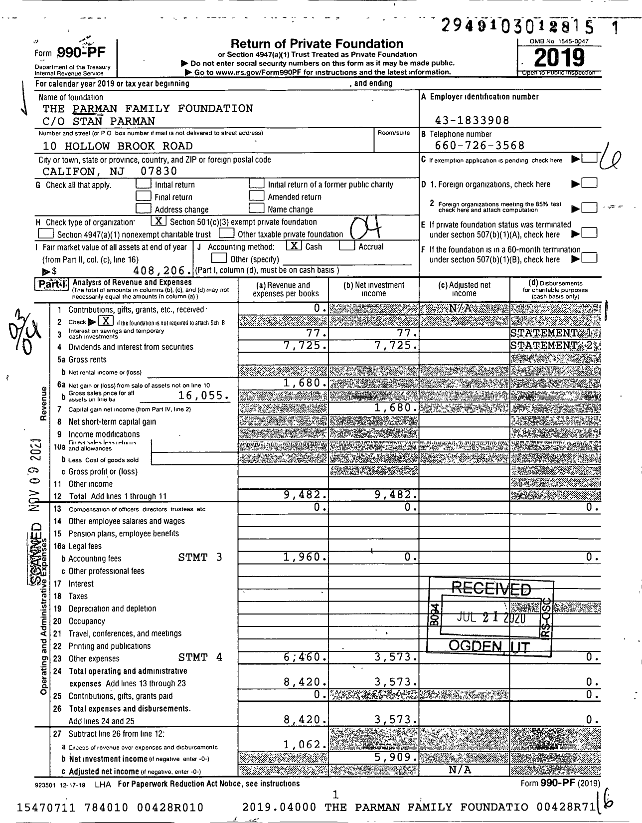 Image of first page of 2019 Form 990PF for The Parman Family Foundation