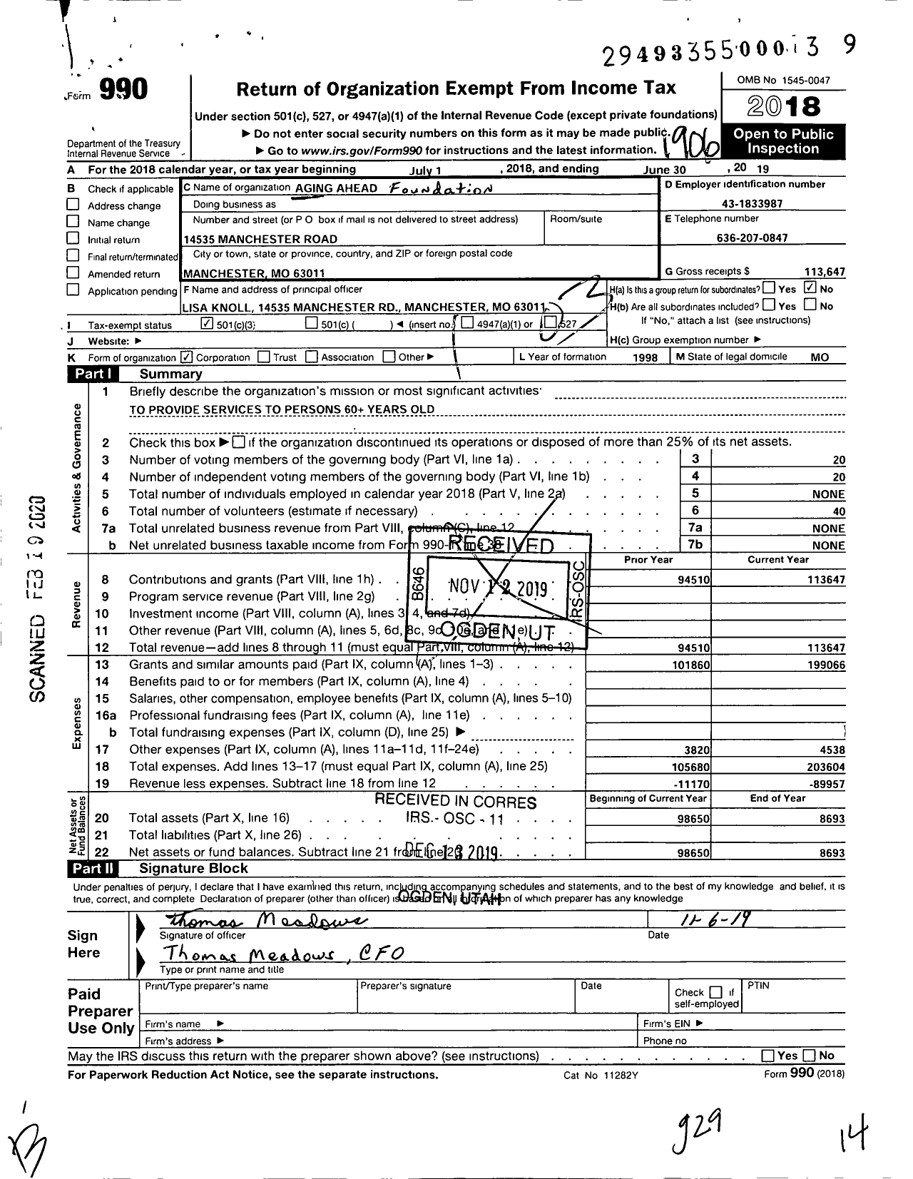 Image of first page of 2018 Form 990 for AGING Ahead FOUNDATION