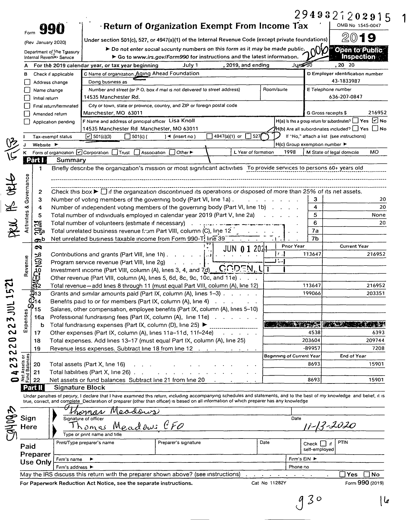 Image of first page of 2019 Form 990 for AGING Ahead FOUNDATION