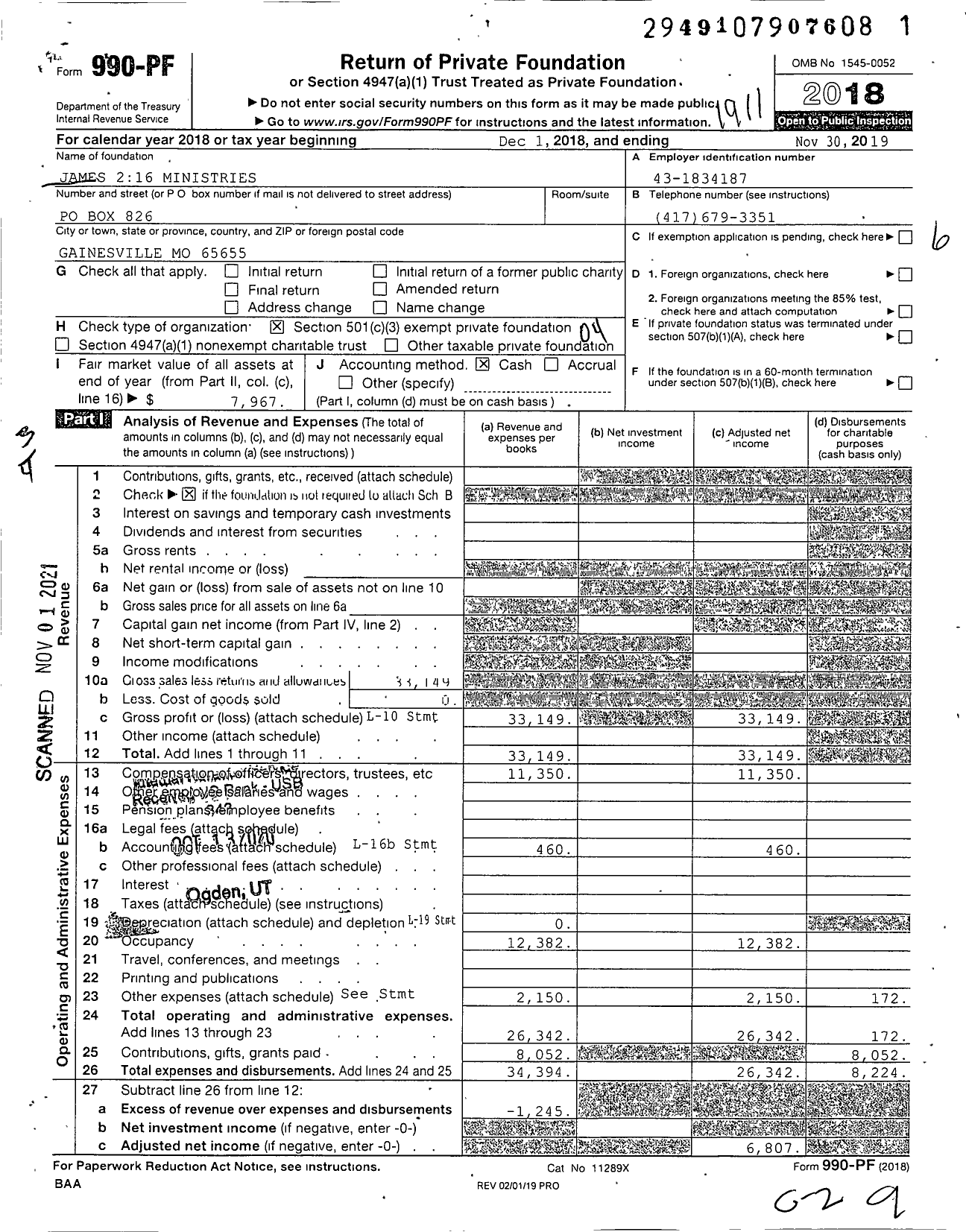 Image of first page of 2018 Form 990PF for James 216 Ministries