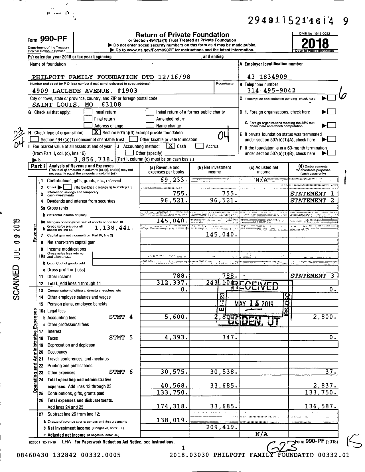 Image of first page of 2018 Form 990PF for Philpott Family Foundation DTD 121698