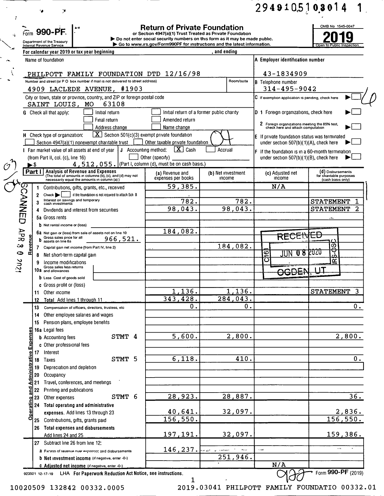 Image of first page of 2019 Form 990PF for Philpott Family Foundation DTD 121698