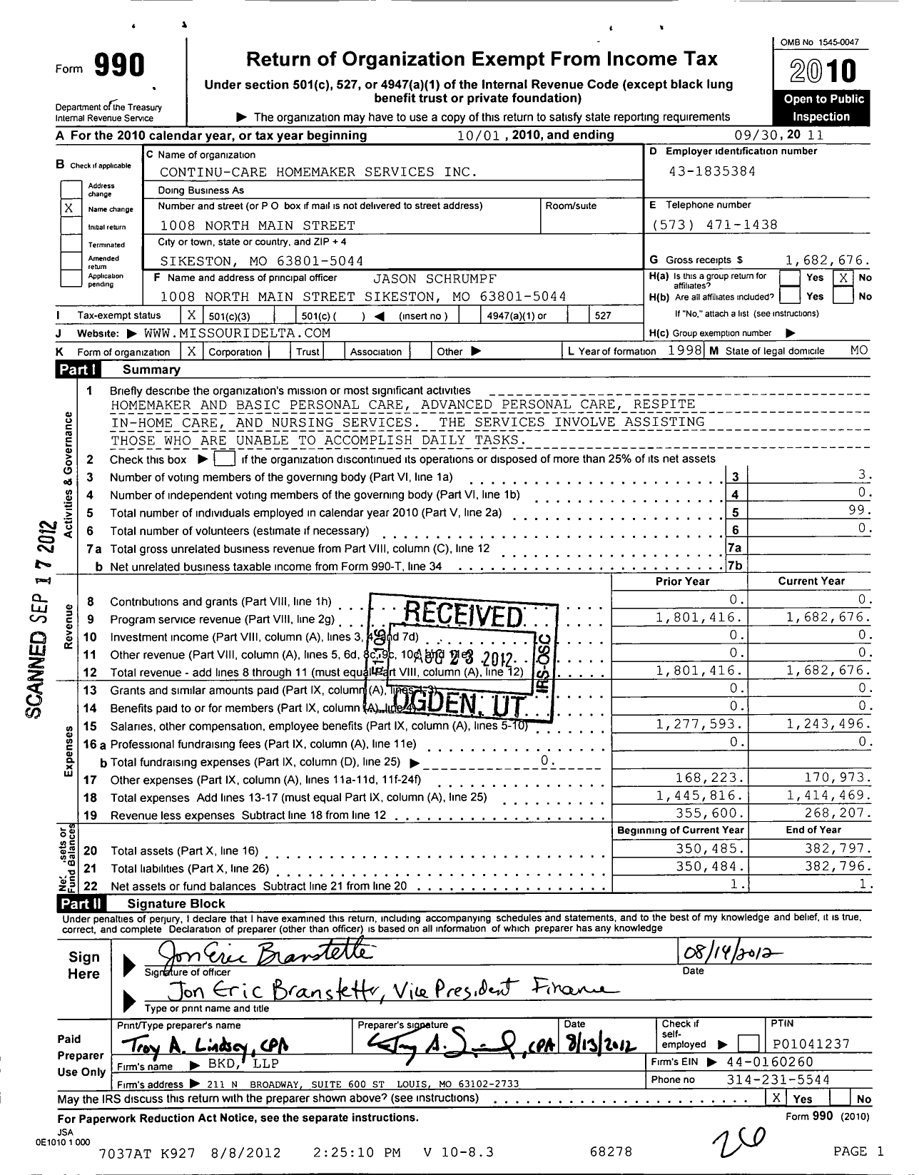 Image of first page of 2010 Form 990 for Continu-Care Homeaker Services