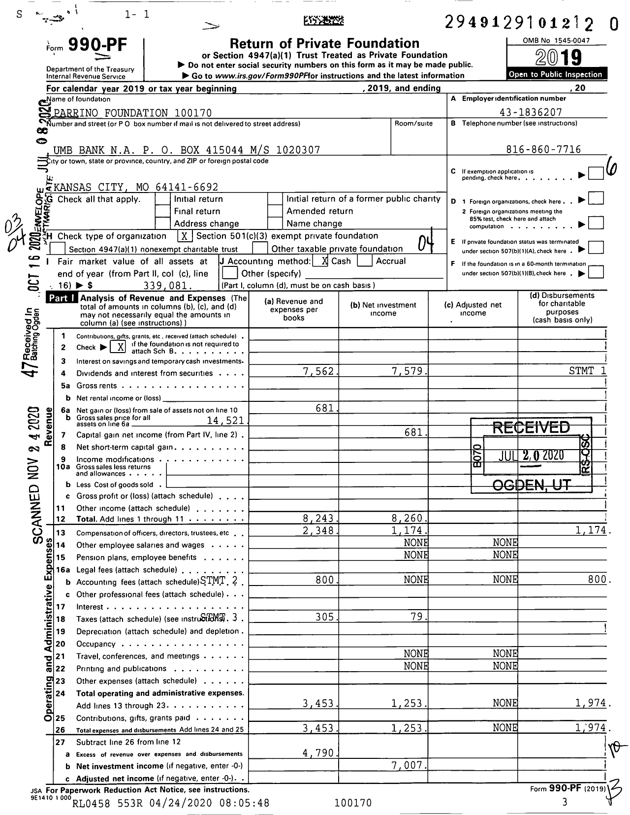 Image of first page of 2019 Form 990PF for Parrino Foundation 10017000