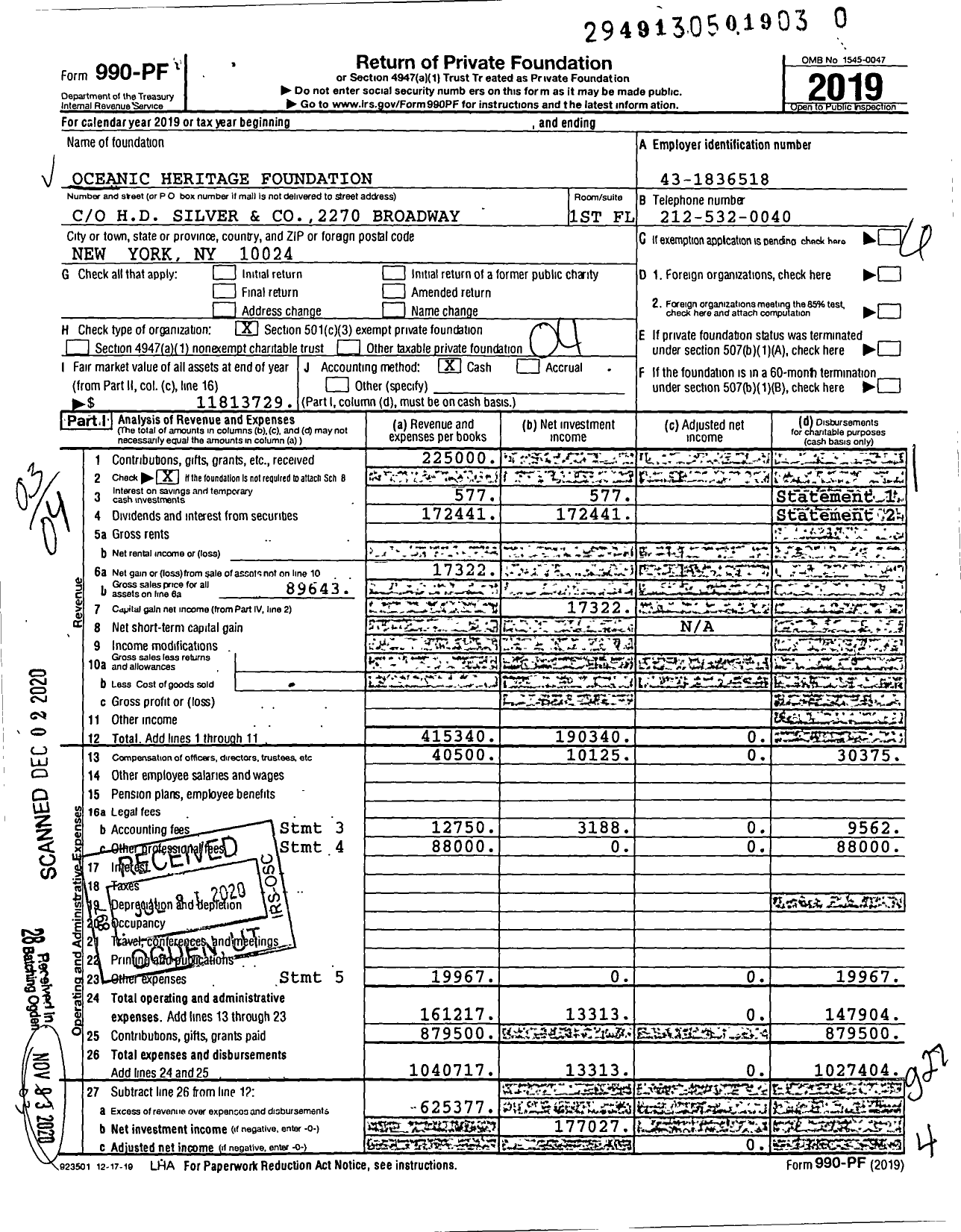 Image of first page of 2019 Form 990PF for Oceanic Heritage Foundation