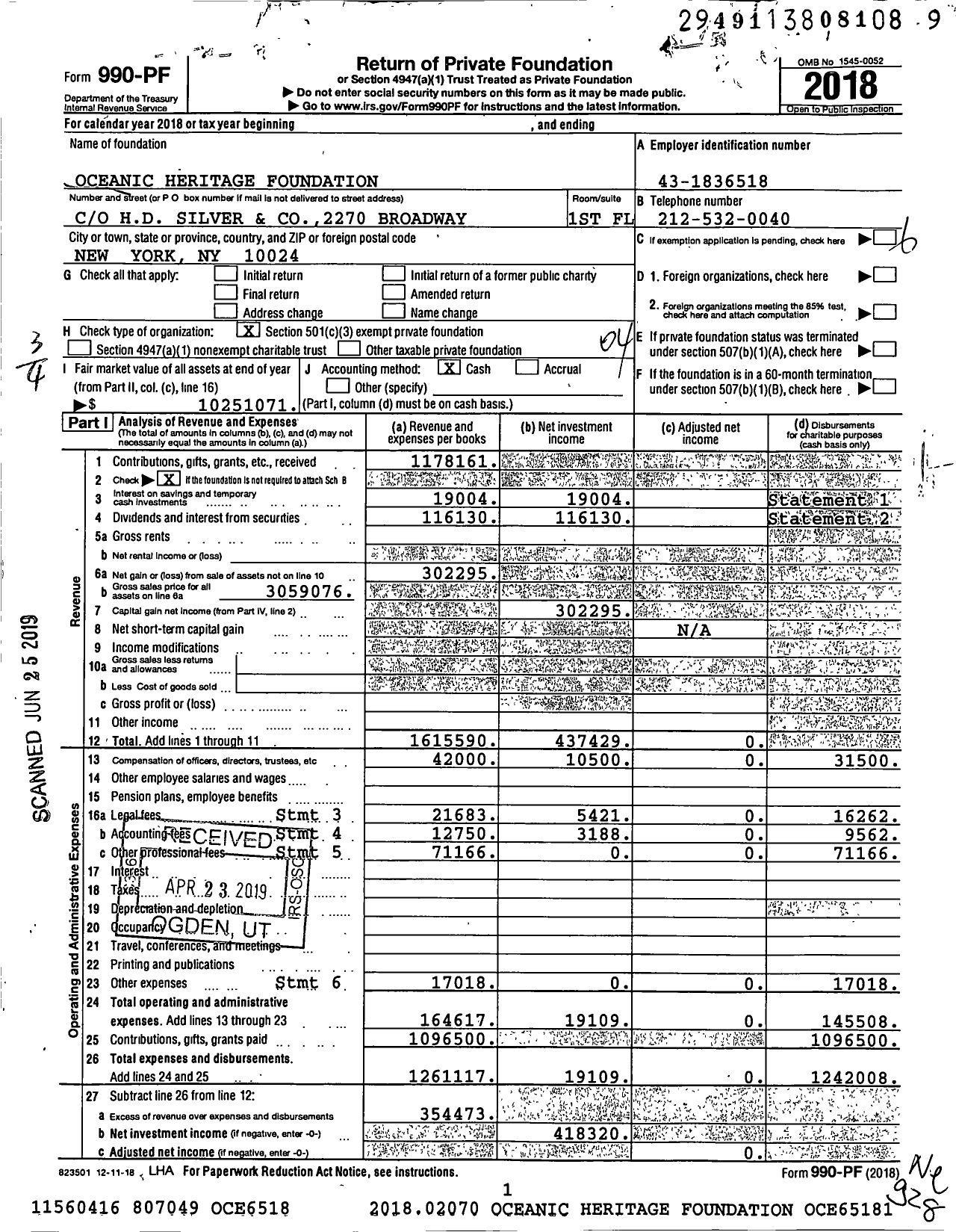 Image of first page of 2018 Form 990PF for Oceanic Heritage Foundation