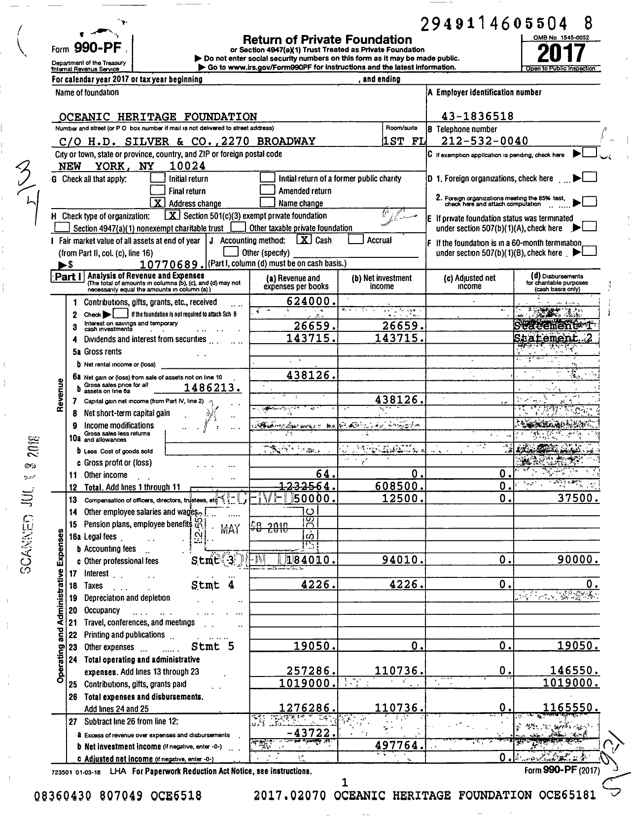 Image of first page of 2017 Form 990PF for Oceanic Heritage Foundation