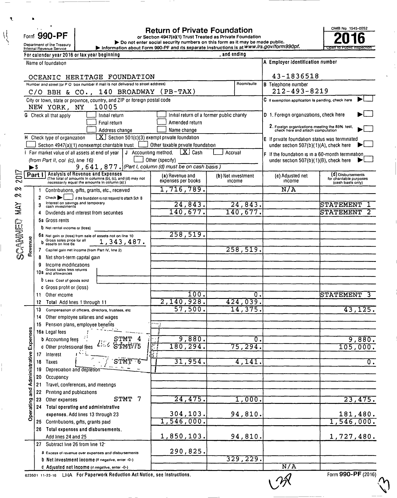 Image of first page of 2016 Form 990PF for Oceanic Heritage Foundation