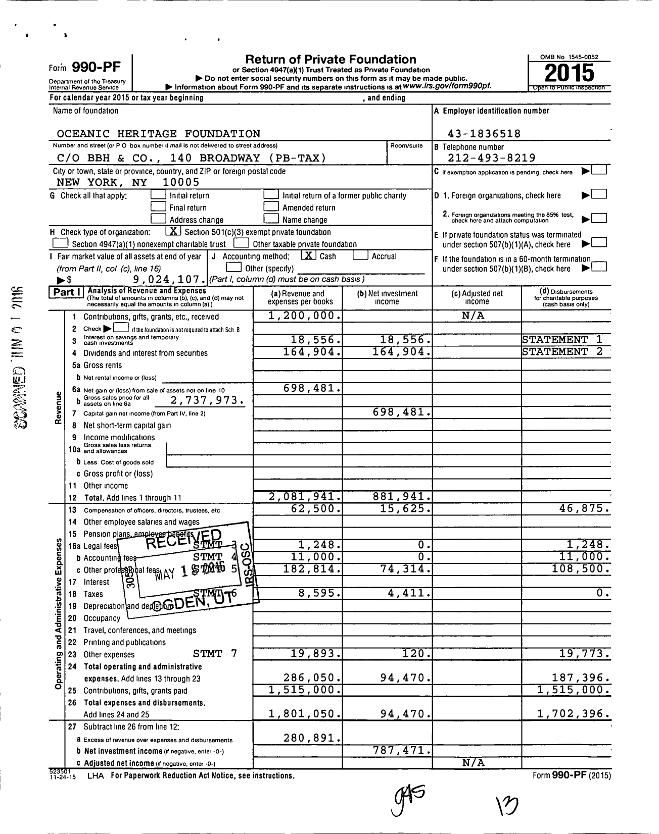 Image of first page of 2015 Form 990PF for Oceanic Heritage Foundation