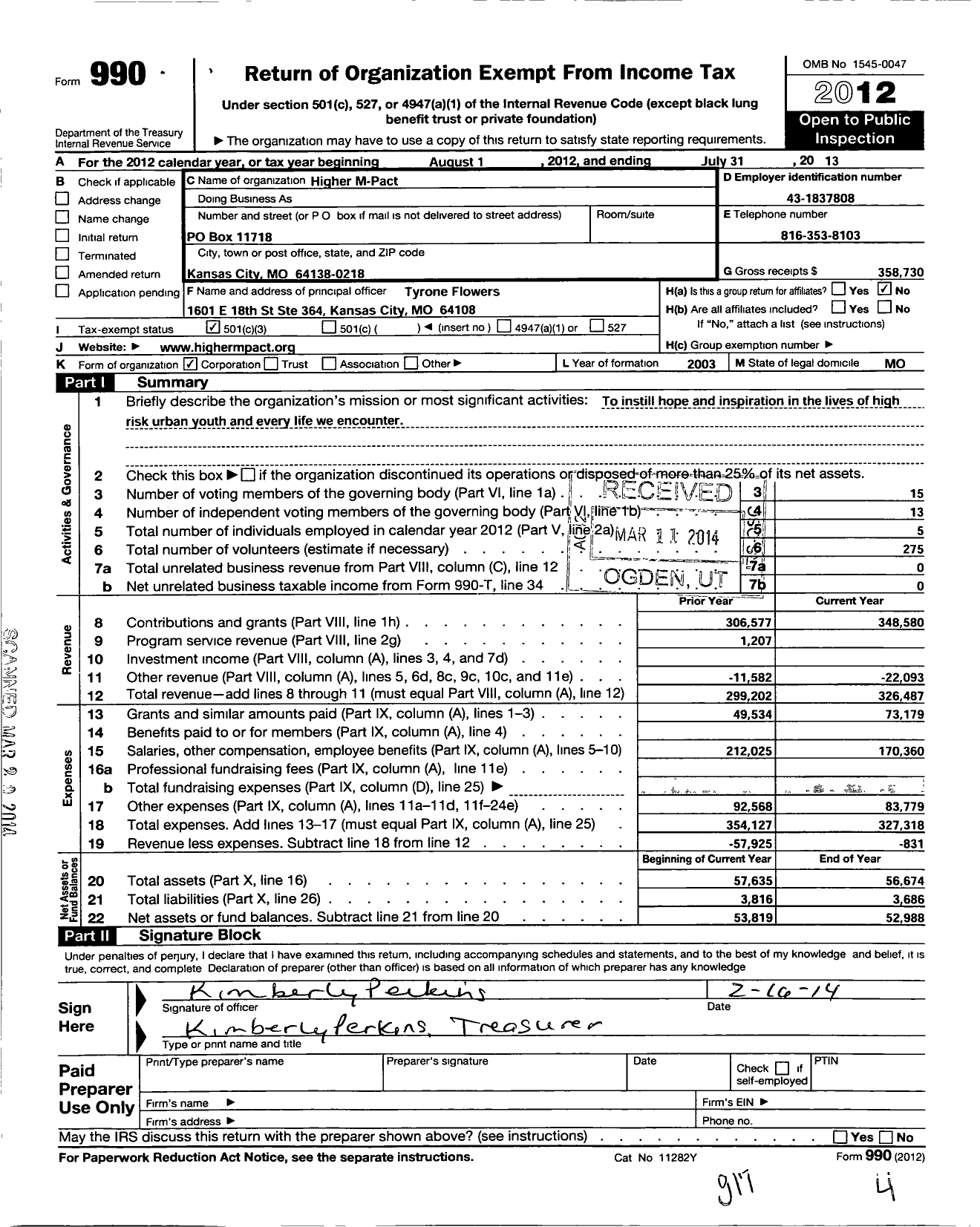 Image of first page of 2012 Form 990 for Higher M-Pact