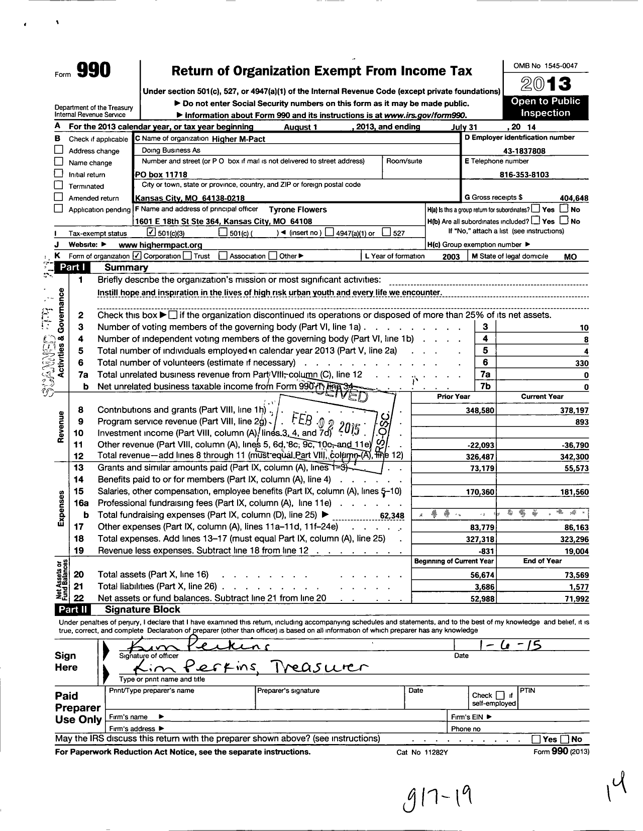 Image of first page of 2013 Form 990 for Higher M-Pact