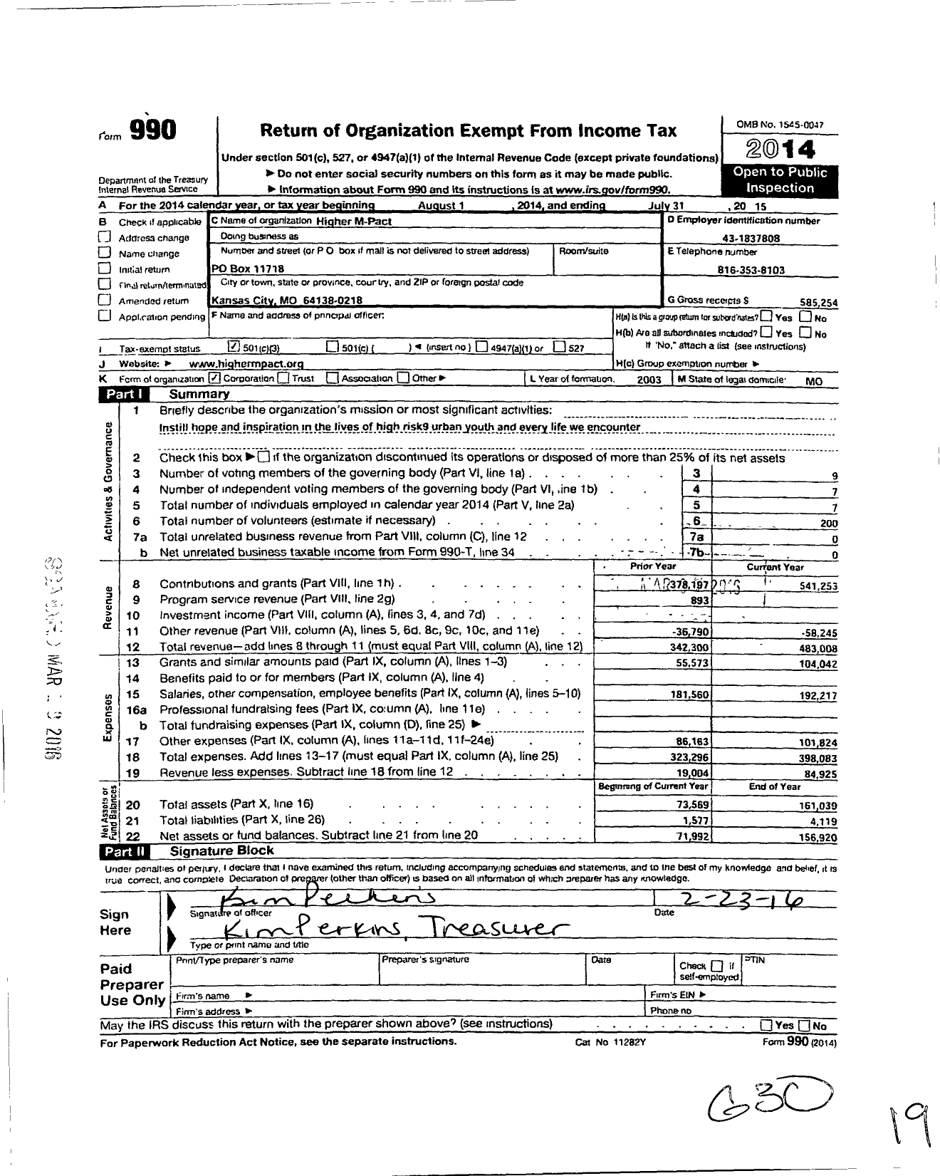 Image of first page of 2014 Form 990 for Higher M-Pact