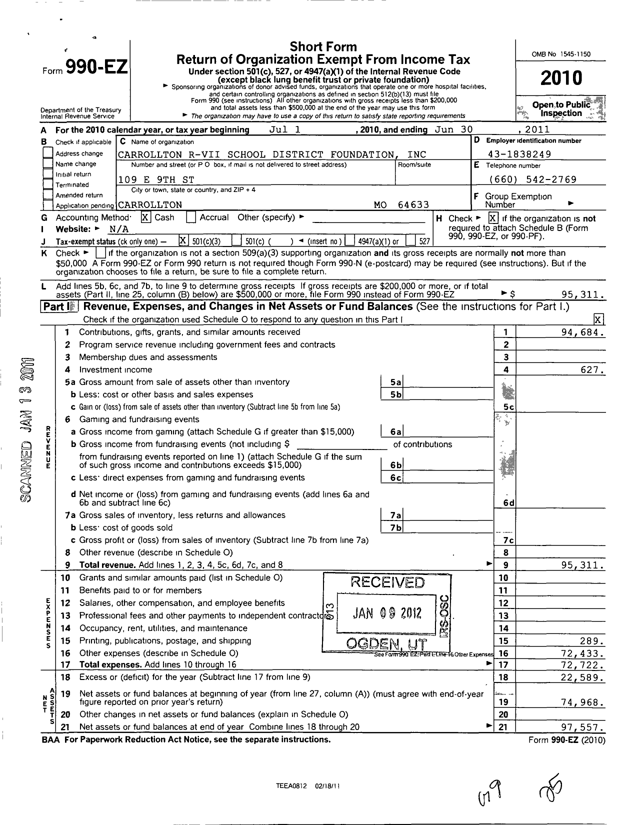 Image of first page of 2010 Form 990EZ for Carrollton R-Vii School District Foundation