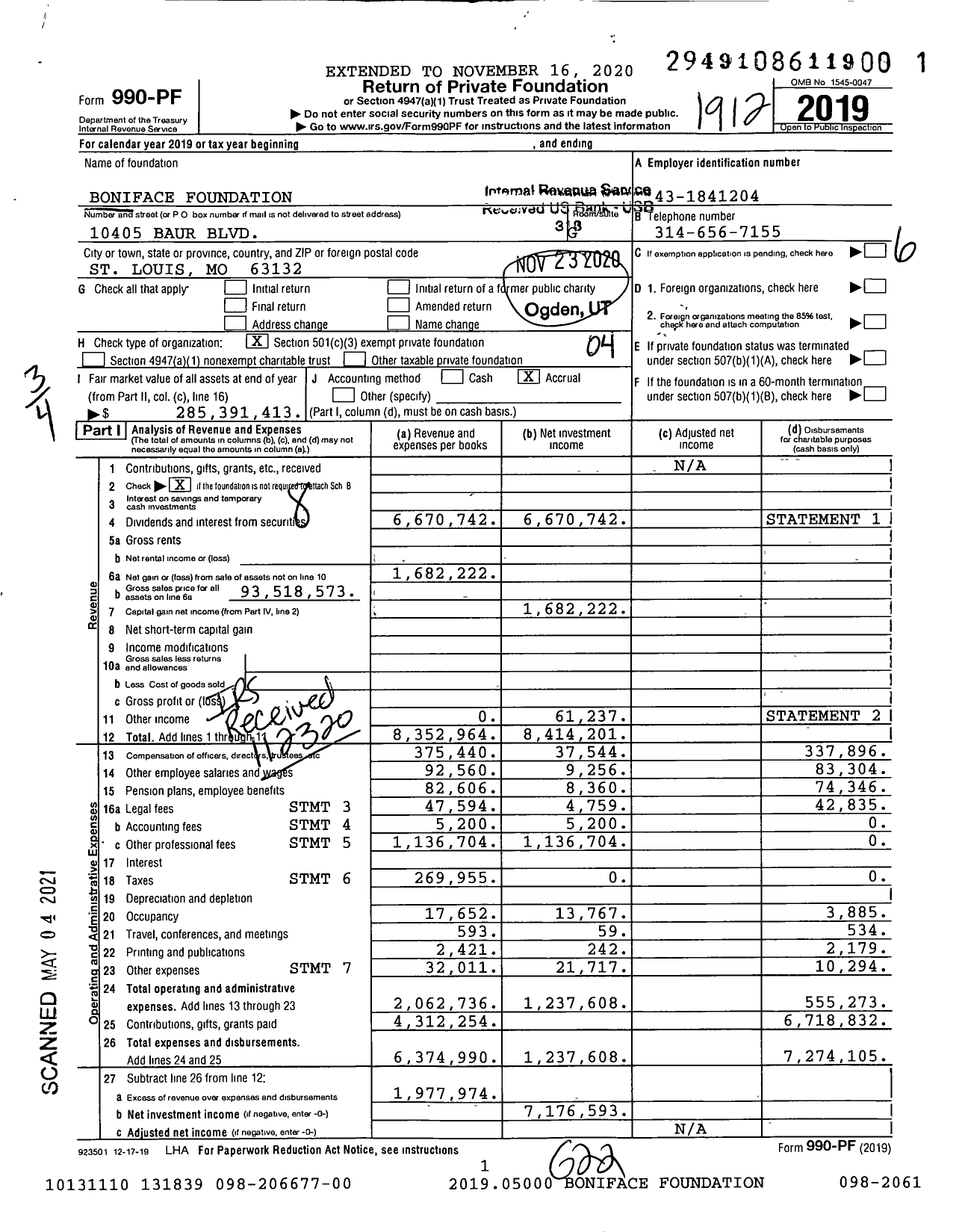 Image of first page of 2019 Form 990PF for Boniface Foundation