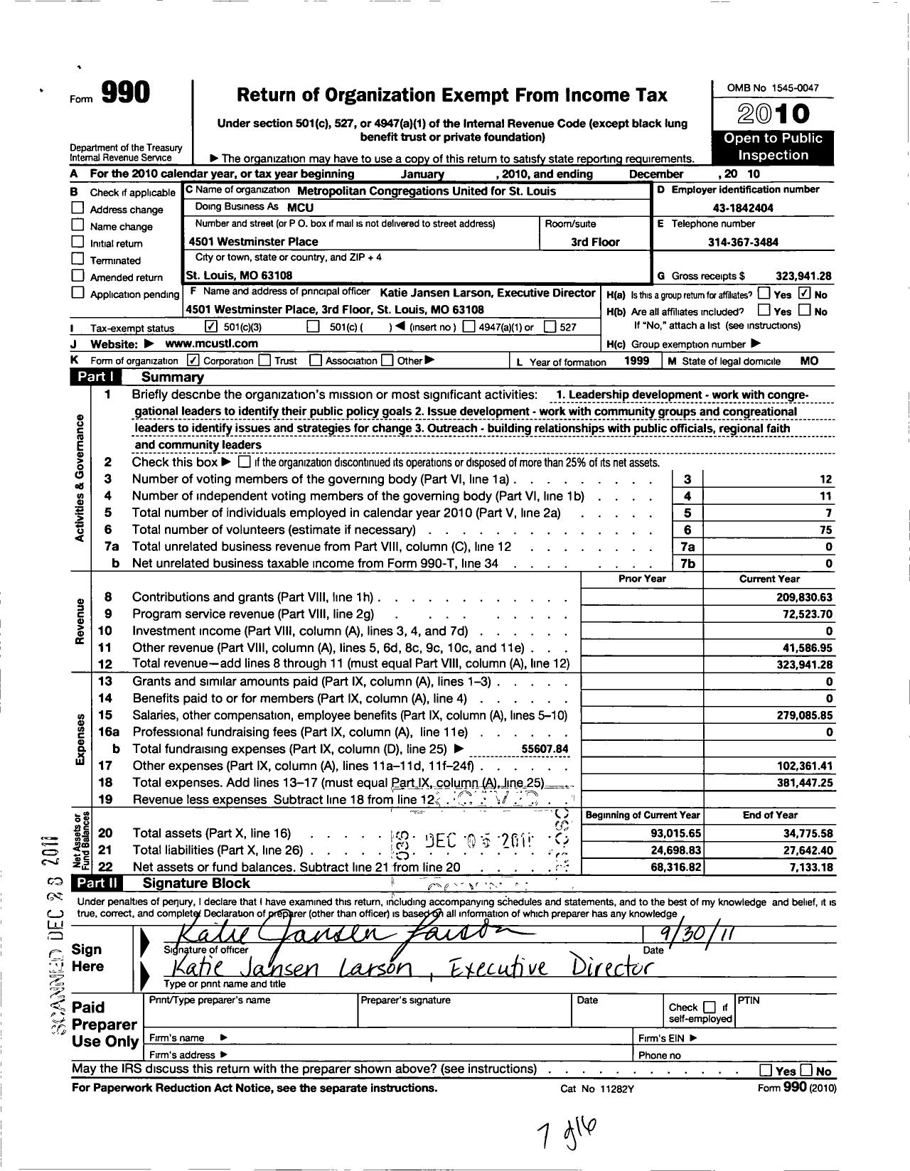 Image of first page of 2010 Form 990 for Metropolitan Congregations United for St Louis