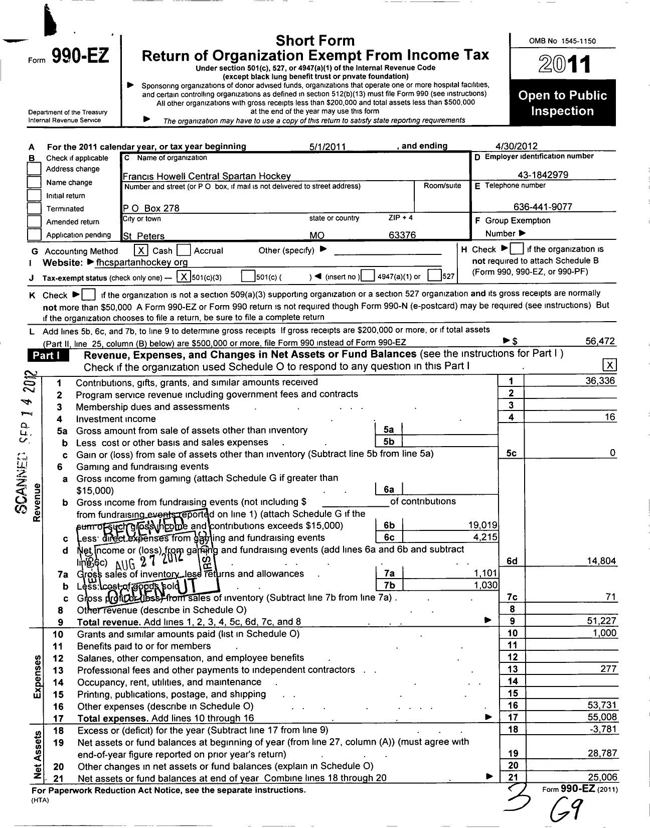 Image of first page of 2011 Form 990EZ for Francis Howell Central Spartan Hockey