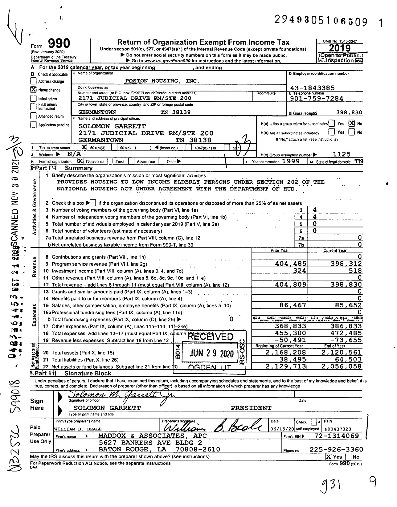 Image of first page of 2019 Form 990 for Poston Housing