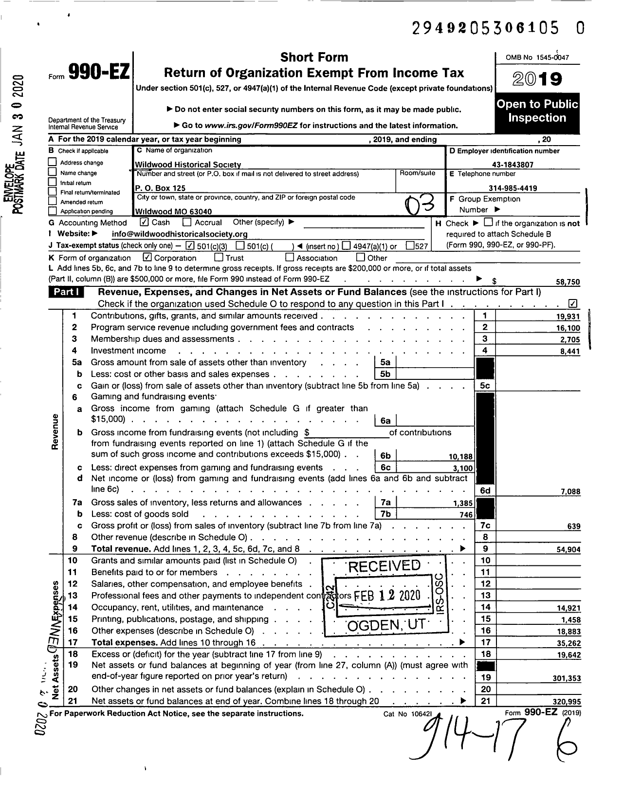 Image of first page of 2019 Form 990EZ for Wildwood Historical Society