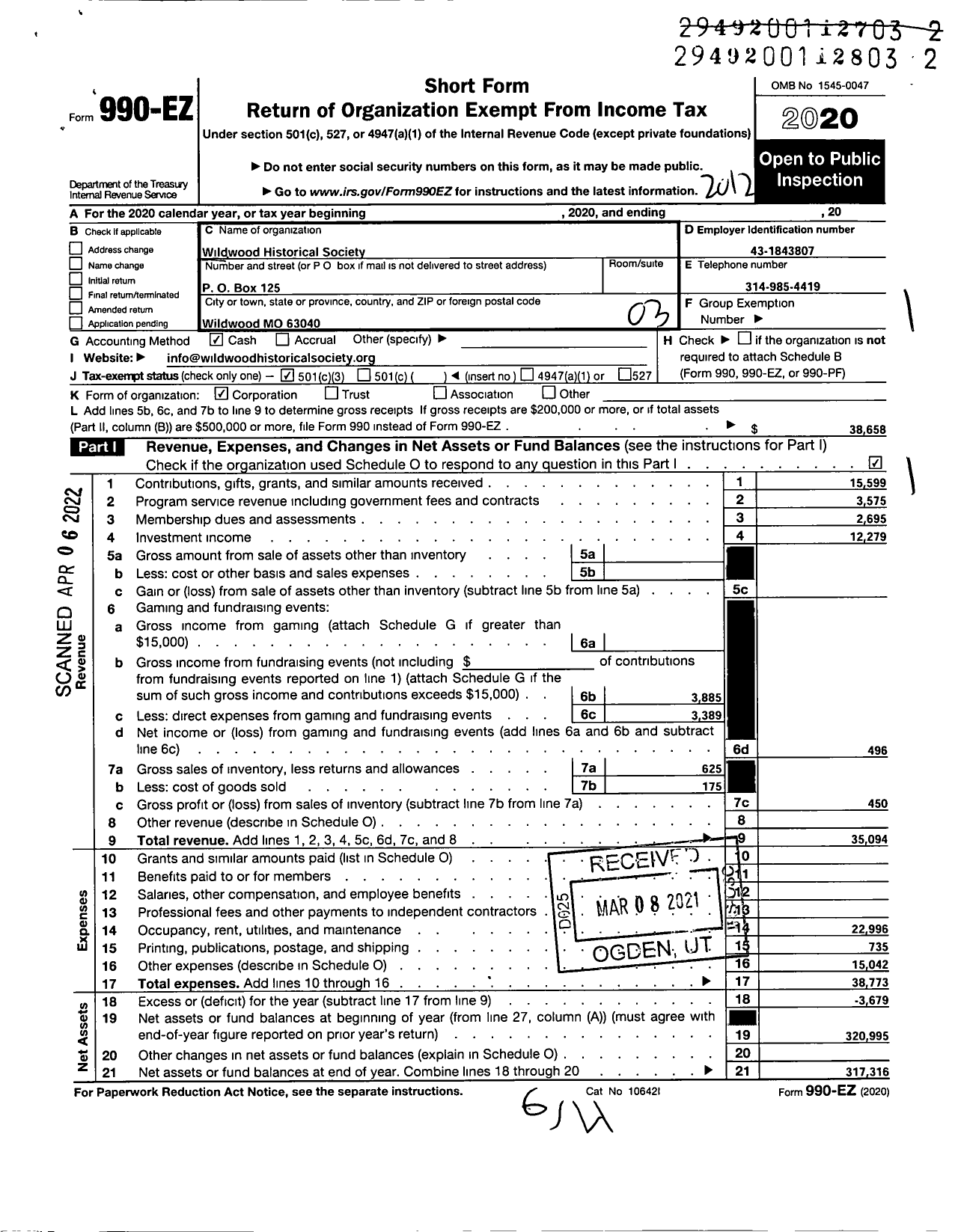 Image of first page of 2020 Form 990EZ for Wildwood Historical Society