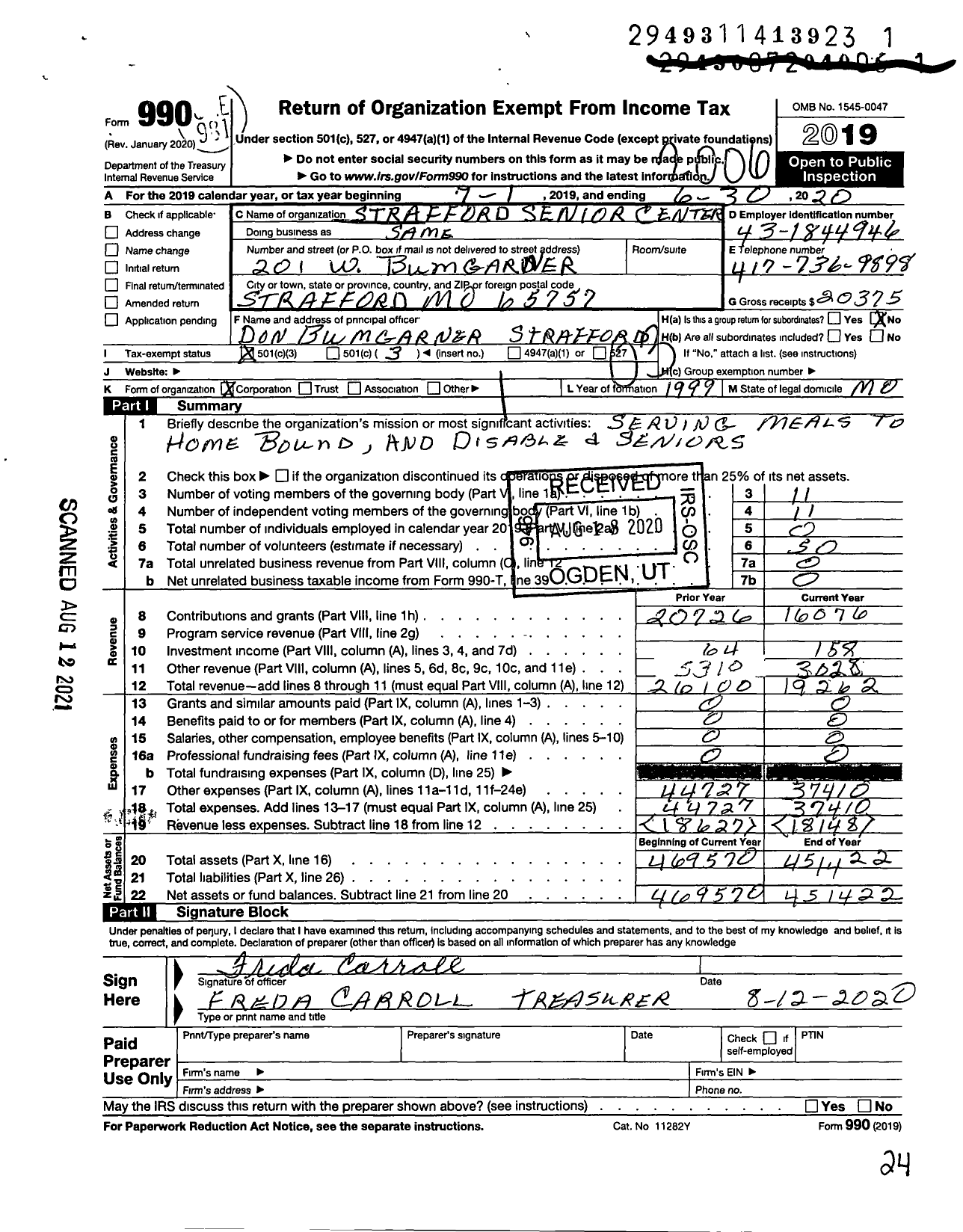 Image of first page of 2019 Form 990 for Strafford Senior Center