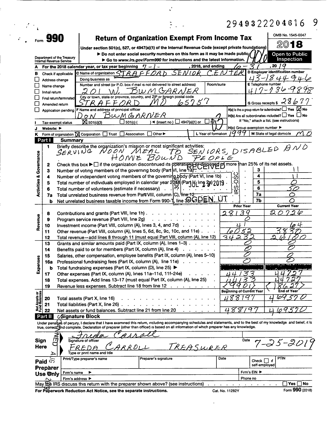 Image of first page of 2018 Form 990 for Strafford Senior Center