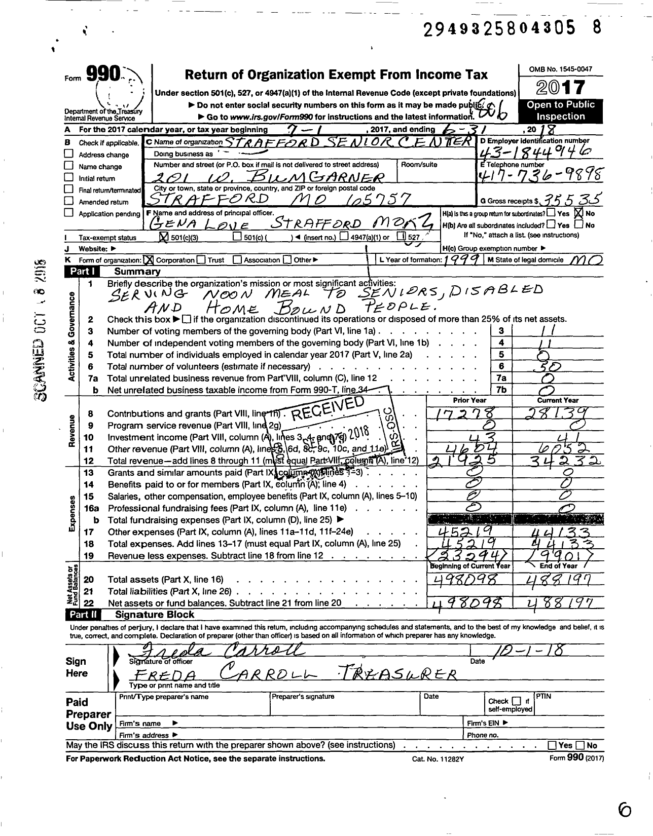 Image of first page of 2017 Form 990 for Strafford Senior Center