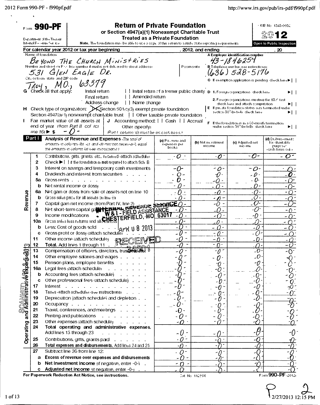 Image of first page of 2012 Form 990PF for Beyond the Church Ministries