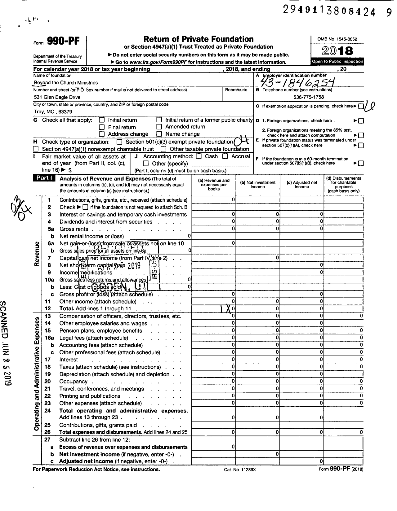 Image of first page of 2018 Form 990PF for Beyond the Church Ministries