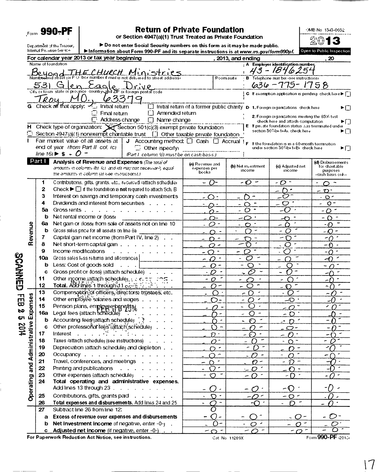 Image of first page of 2013 Form 990PF for Beyond the Church Ministries